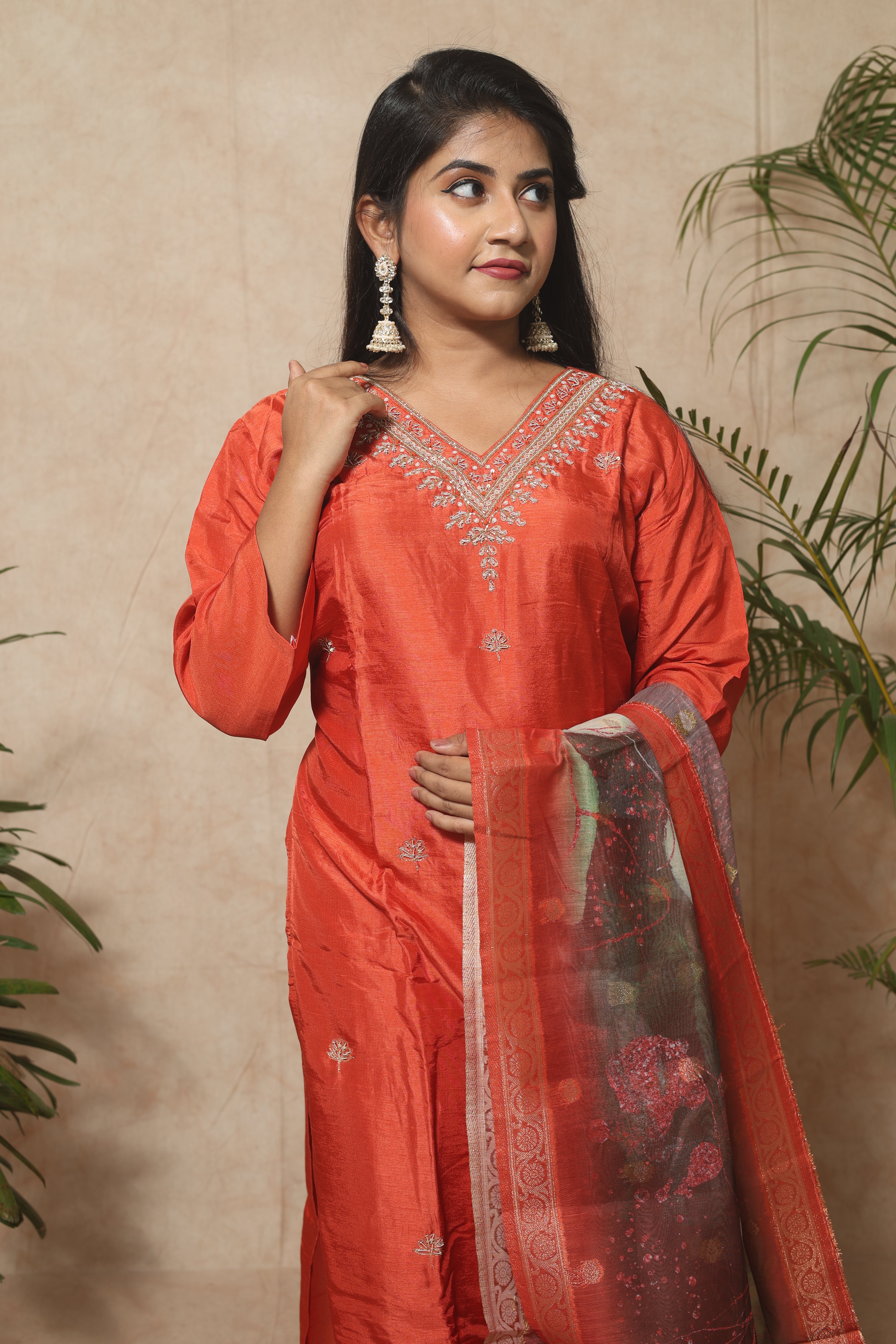 Safron Color Handwork Dola Silk Suit Set