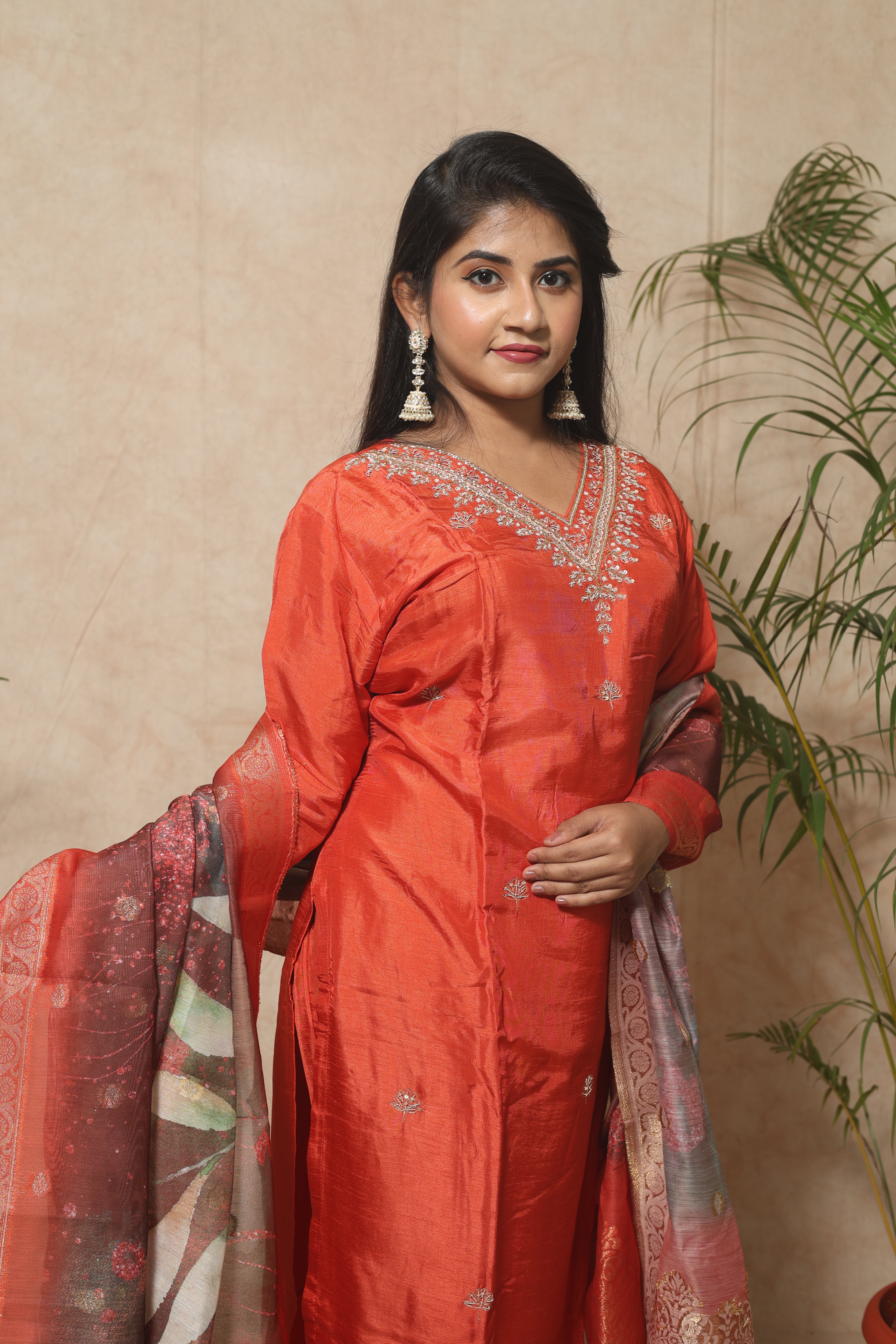 Safron Color Handwork Dola Silk Suit Set