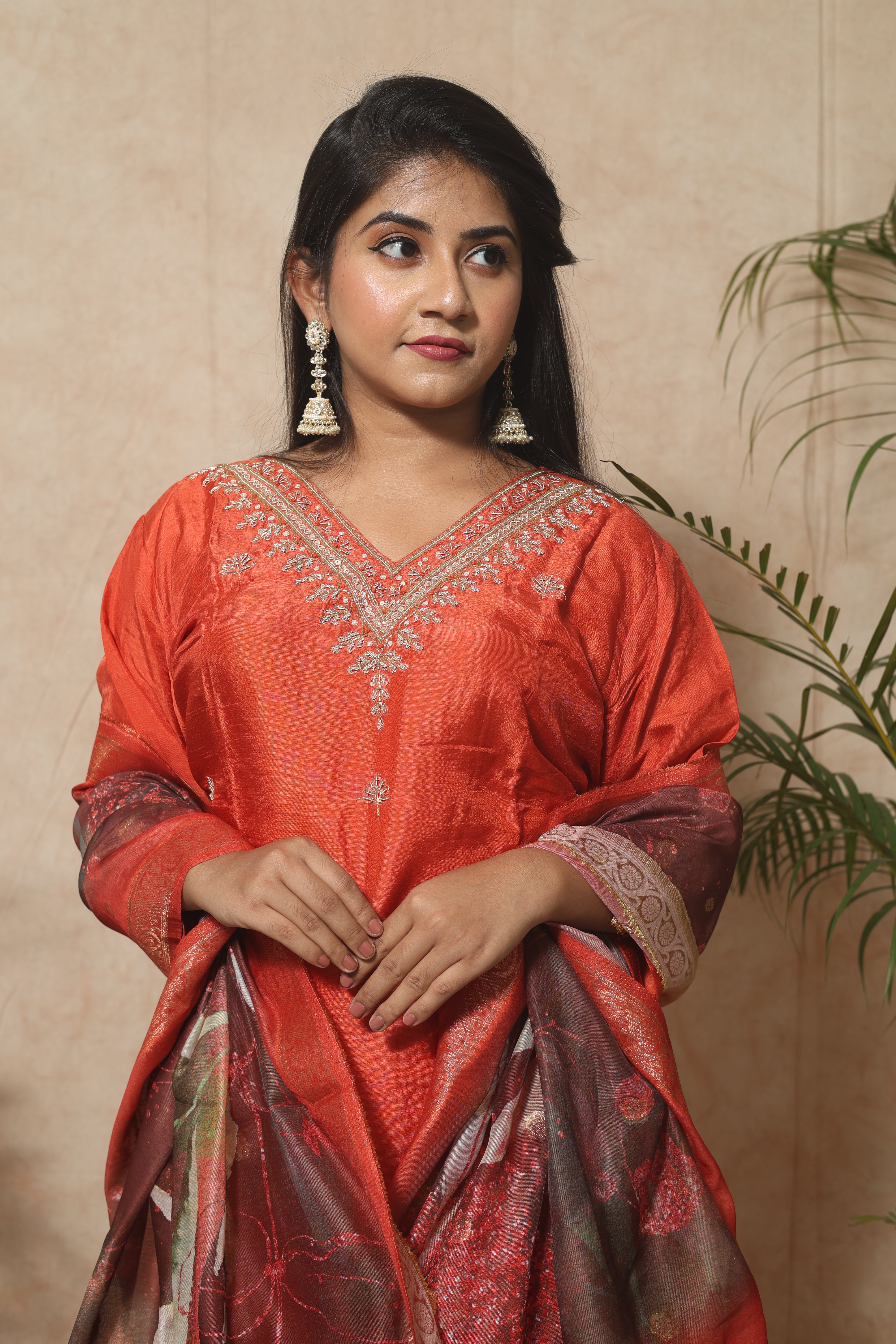 Safron Color Handwork Dola Silk Suit Set