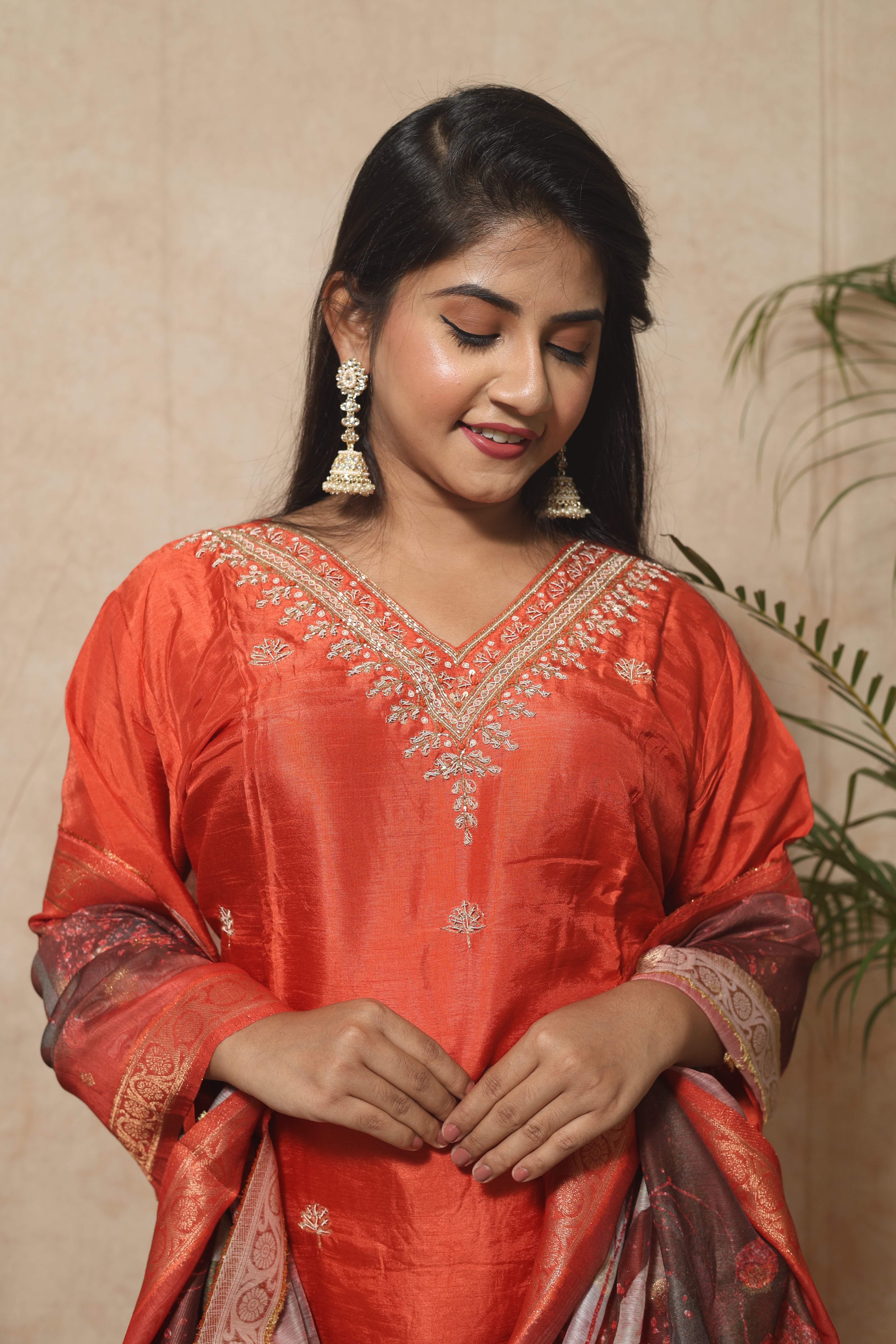 Safron Color Handwork Dola Silk Suit Set