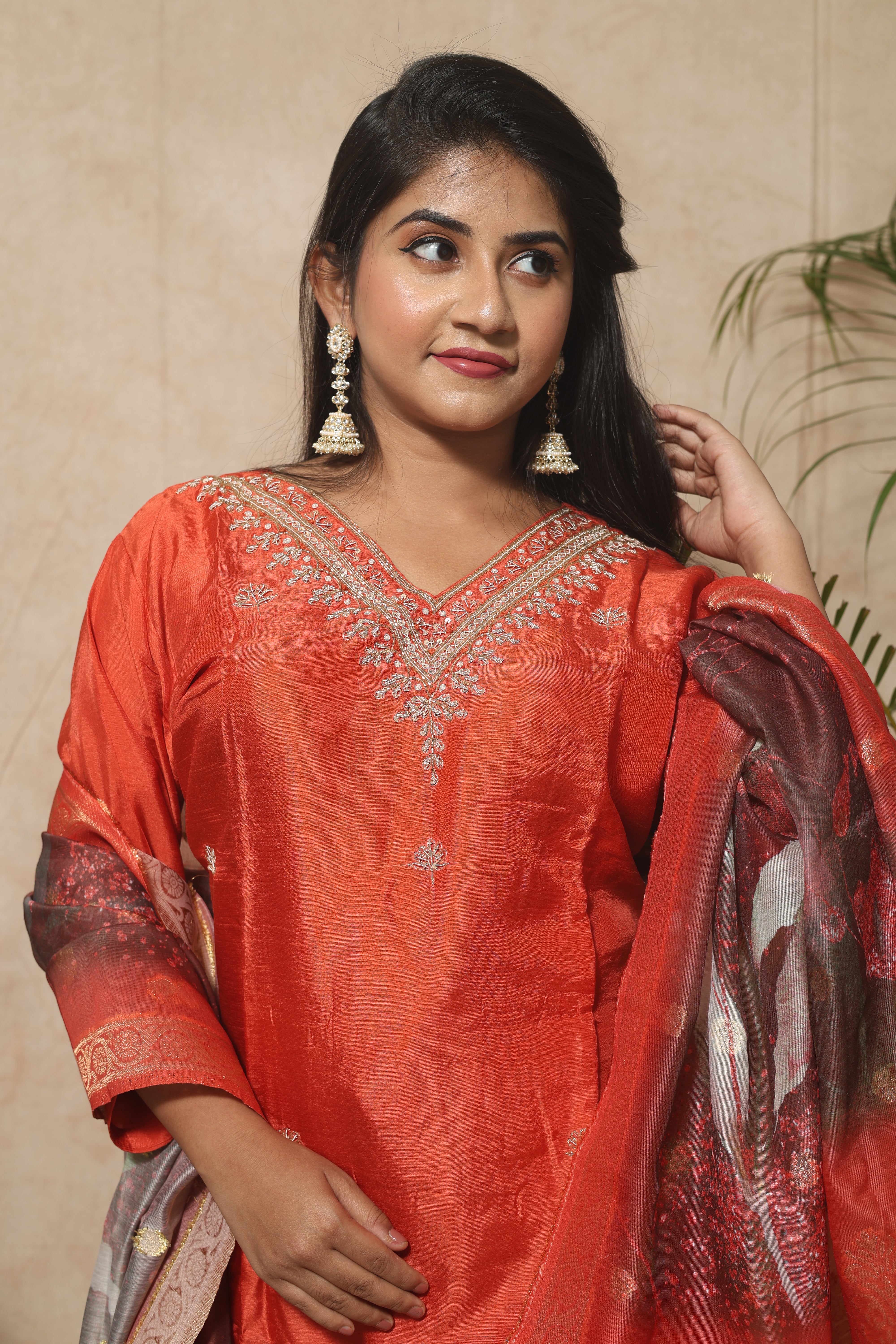 Safron Color Handwork Dola Silk Suit Set