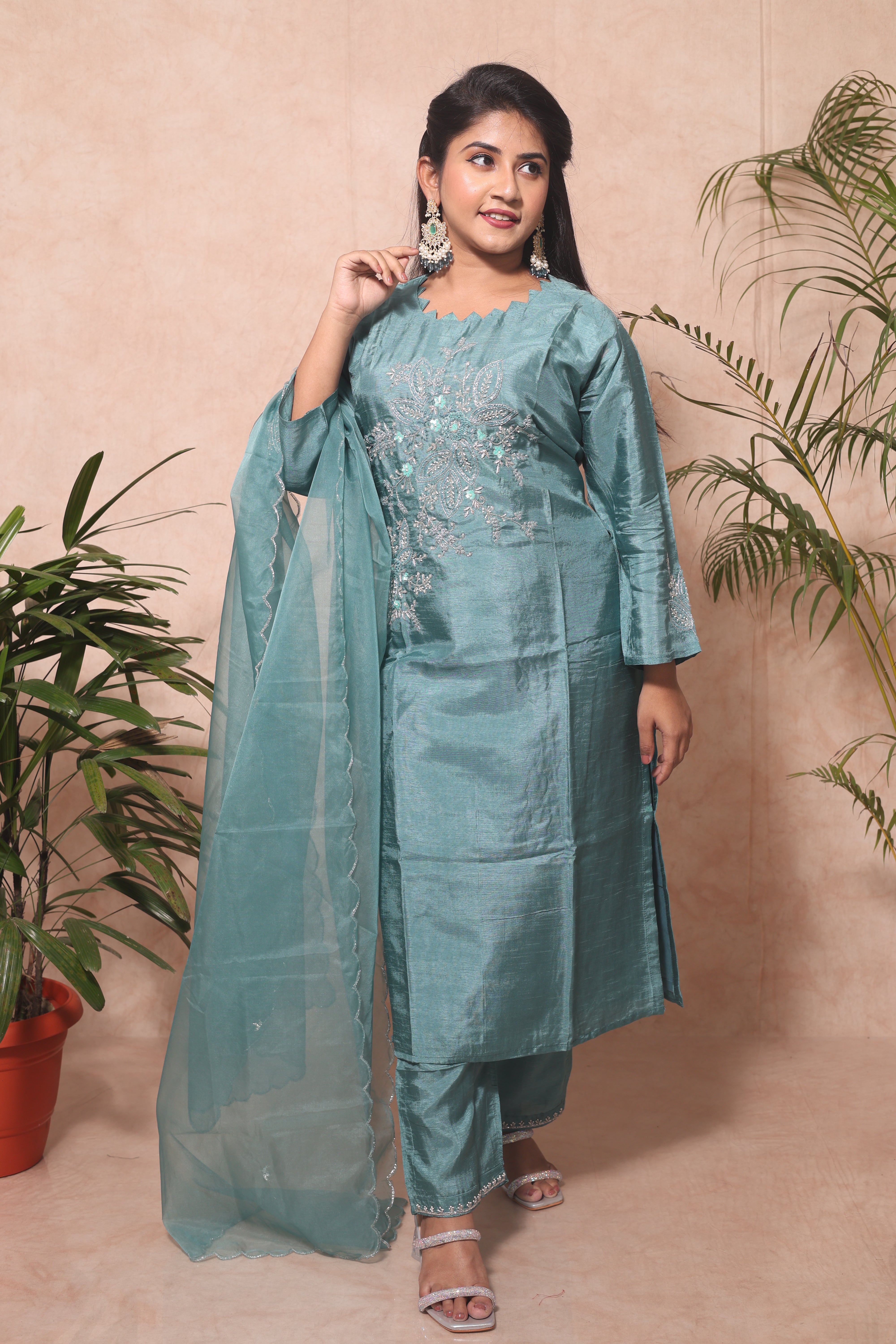 Turquoise color dola silk suit set with exquisite handwork