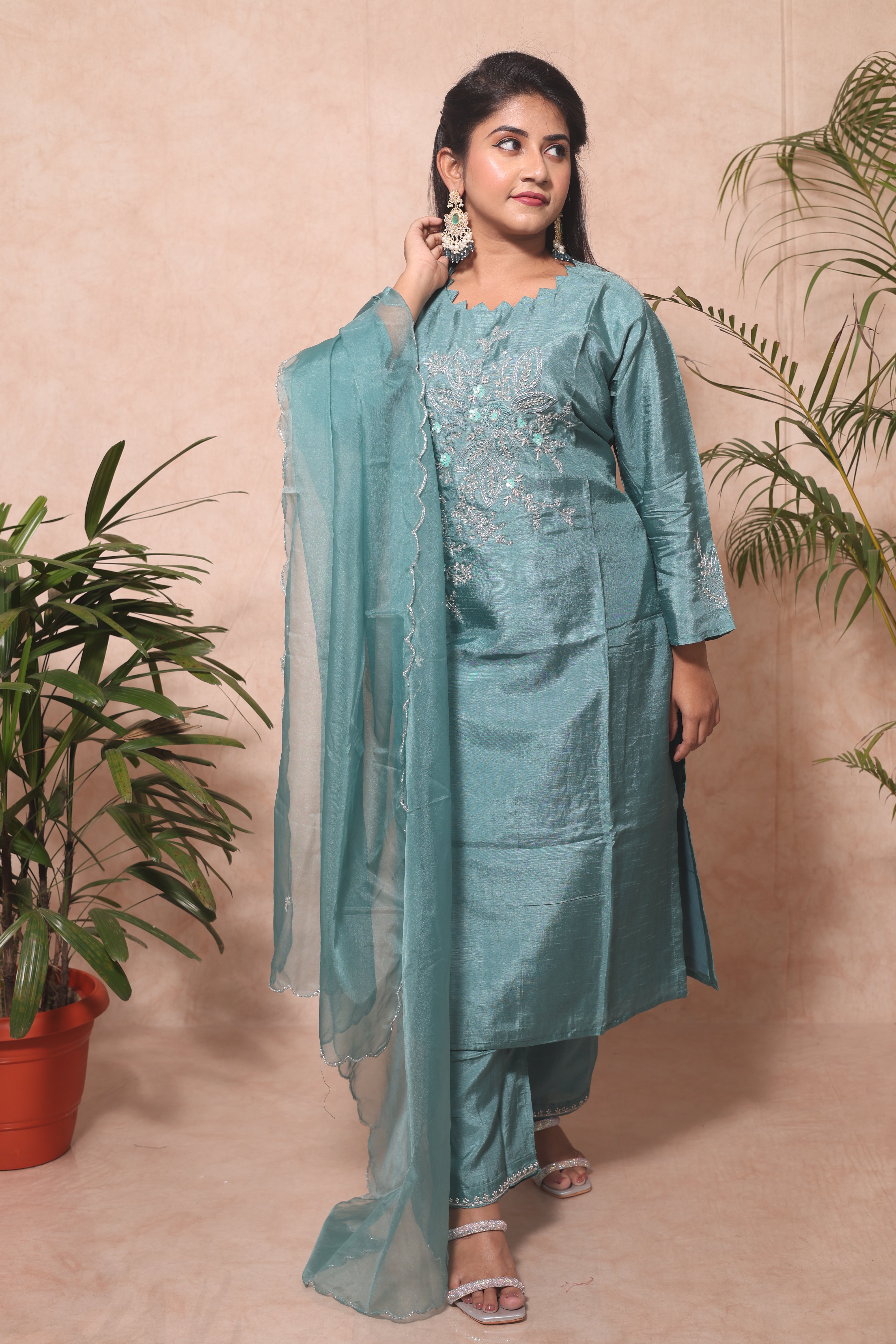 TURQUOISE COLOR DOLA SILK HANDWORK SUIT SET