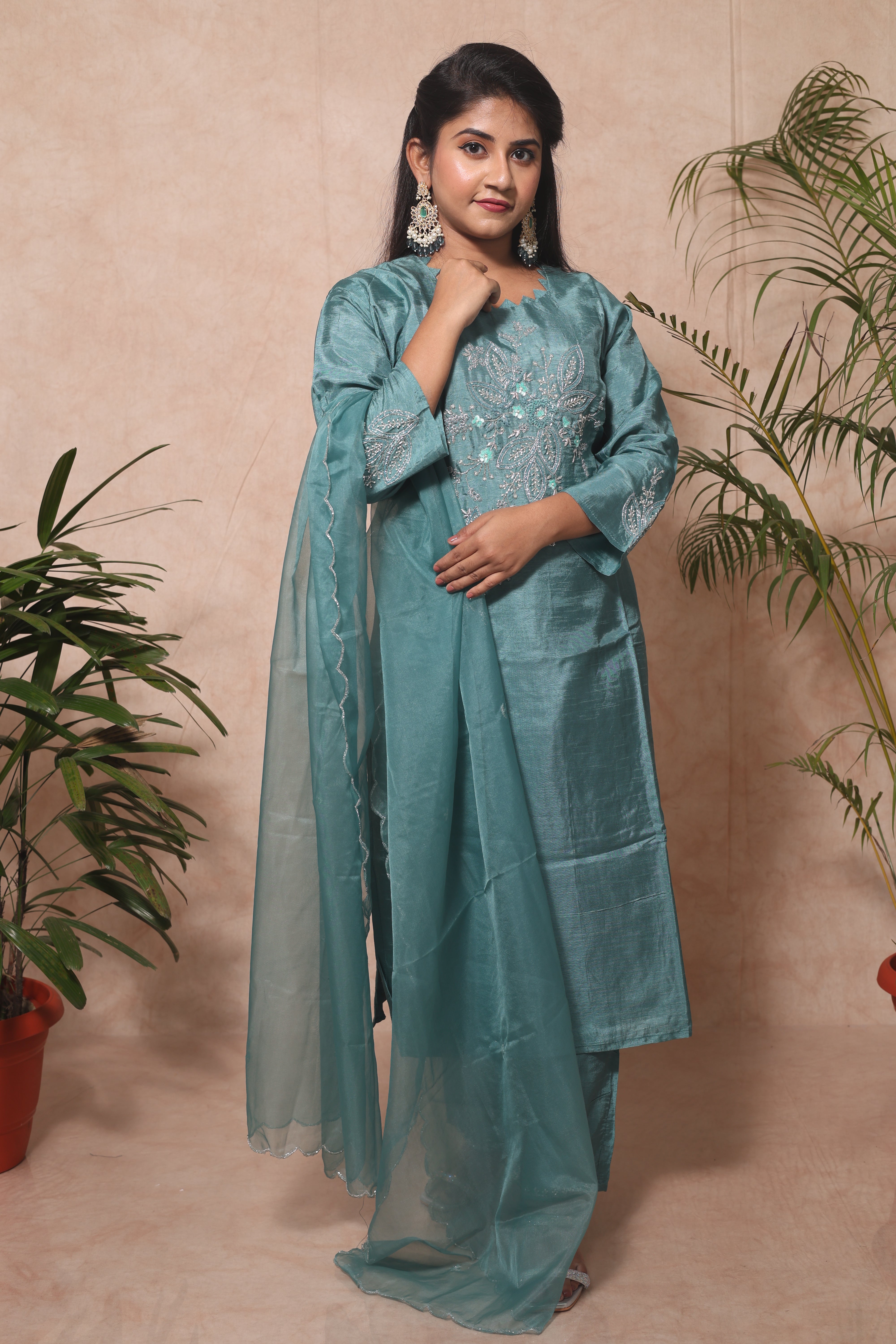 TURQUOISE COLOR DOLA SILK HANDWORK SUIT SET