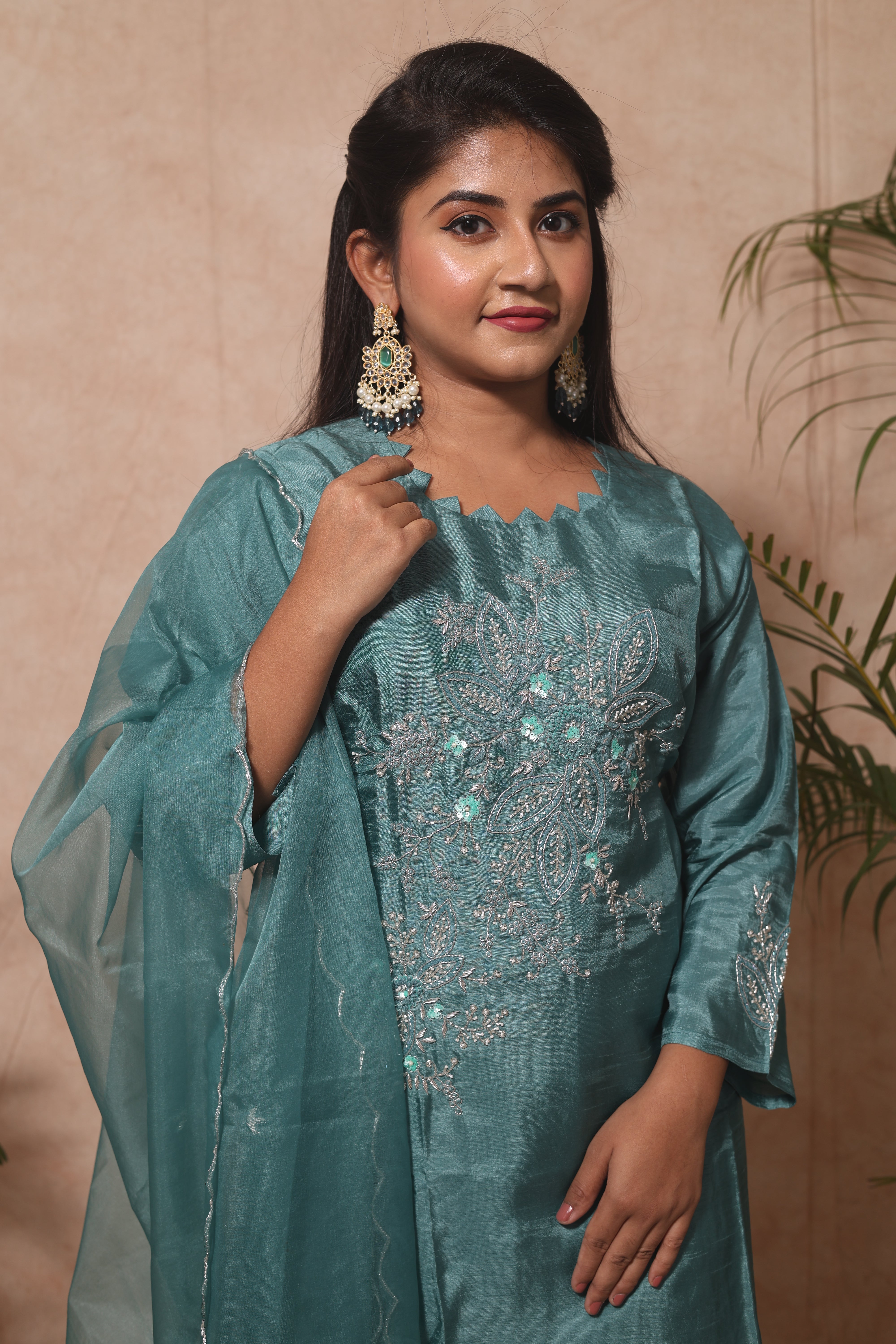 TURQUOISE COLOR DOLA SILK HANDWORK SUIT SET