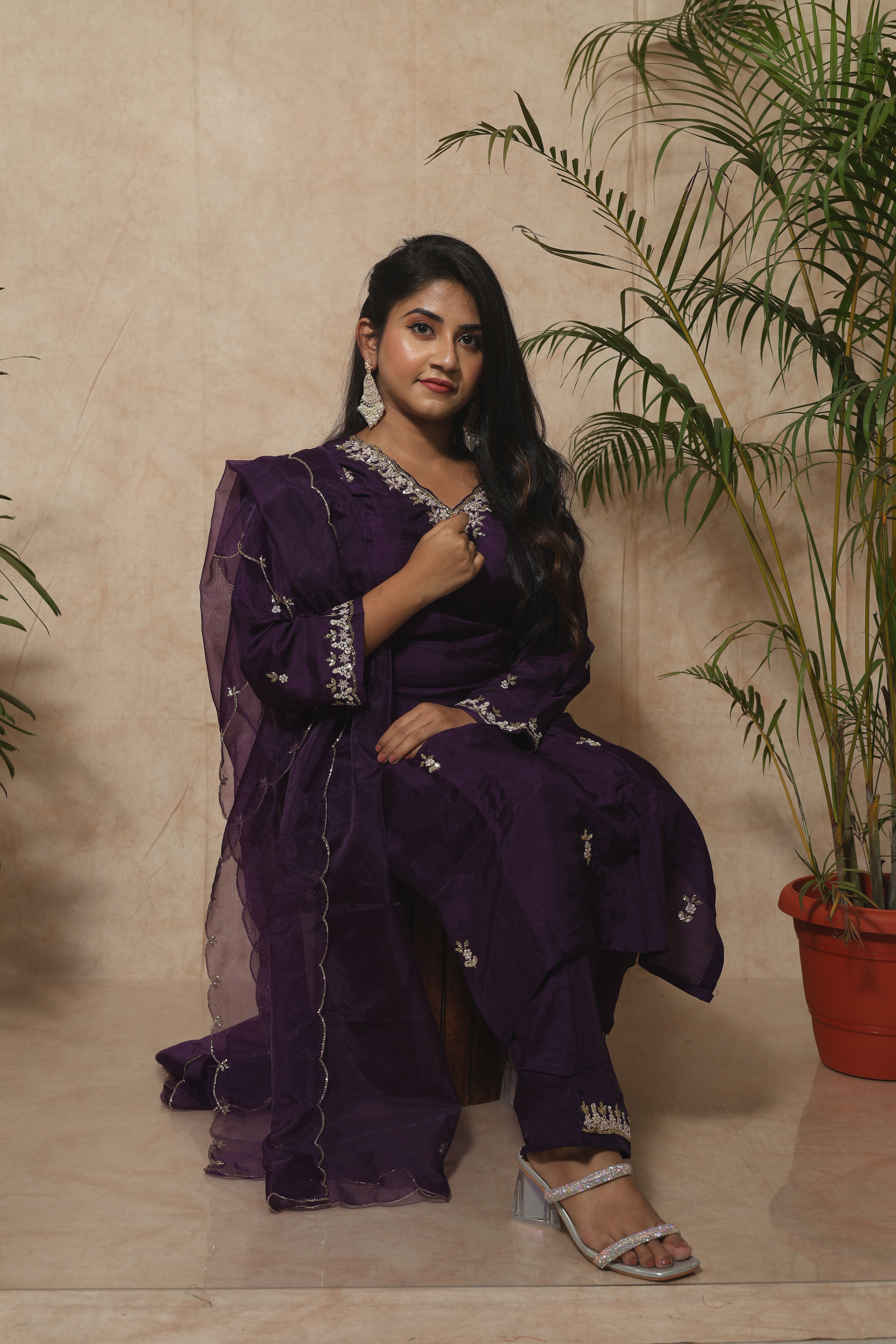 Purple Dola Silk Handwork Suit Set