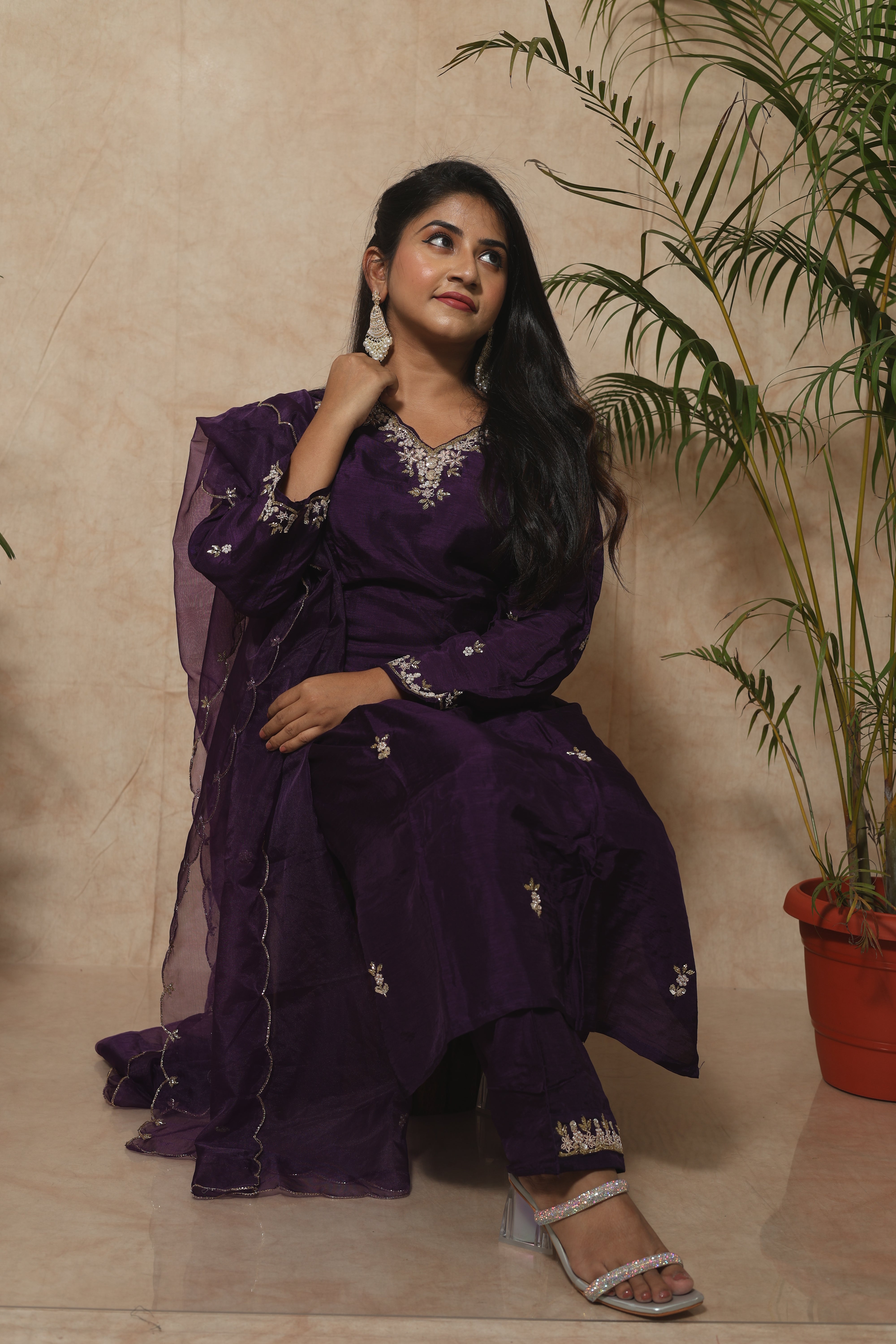Purple Dola Silk Handwork Suit Set