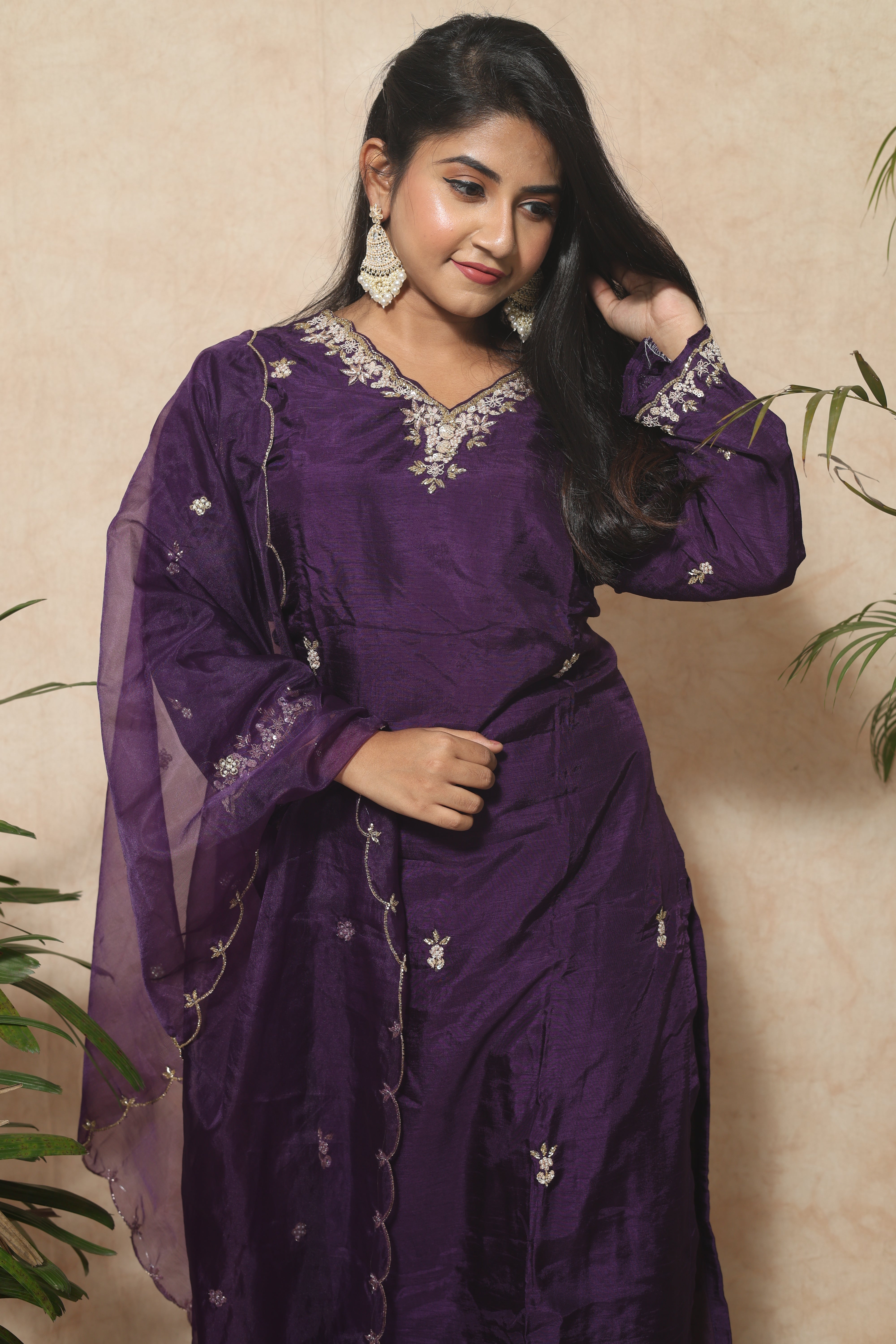Purple Dola Silk Handwork Suit Set