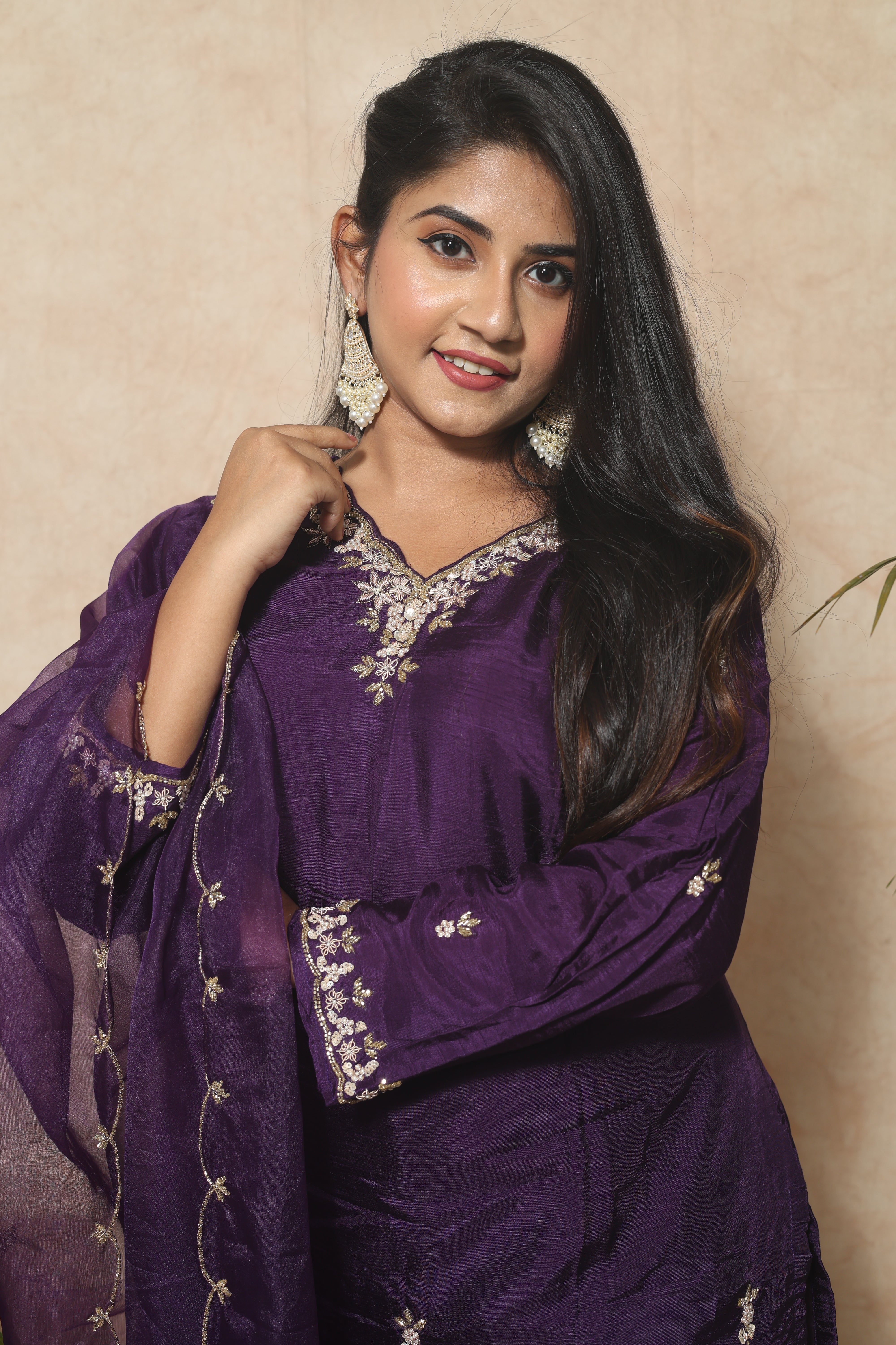 Purple Dola Silk Handwork Suit Set