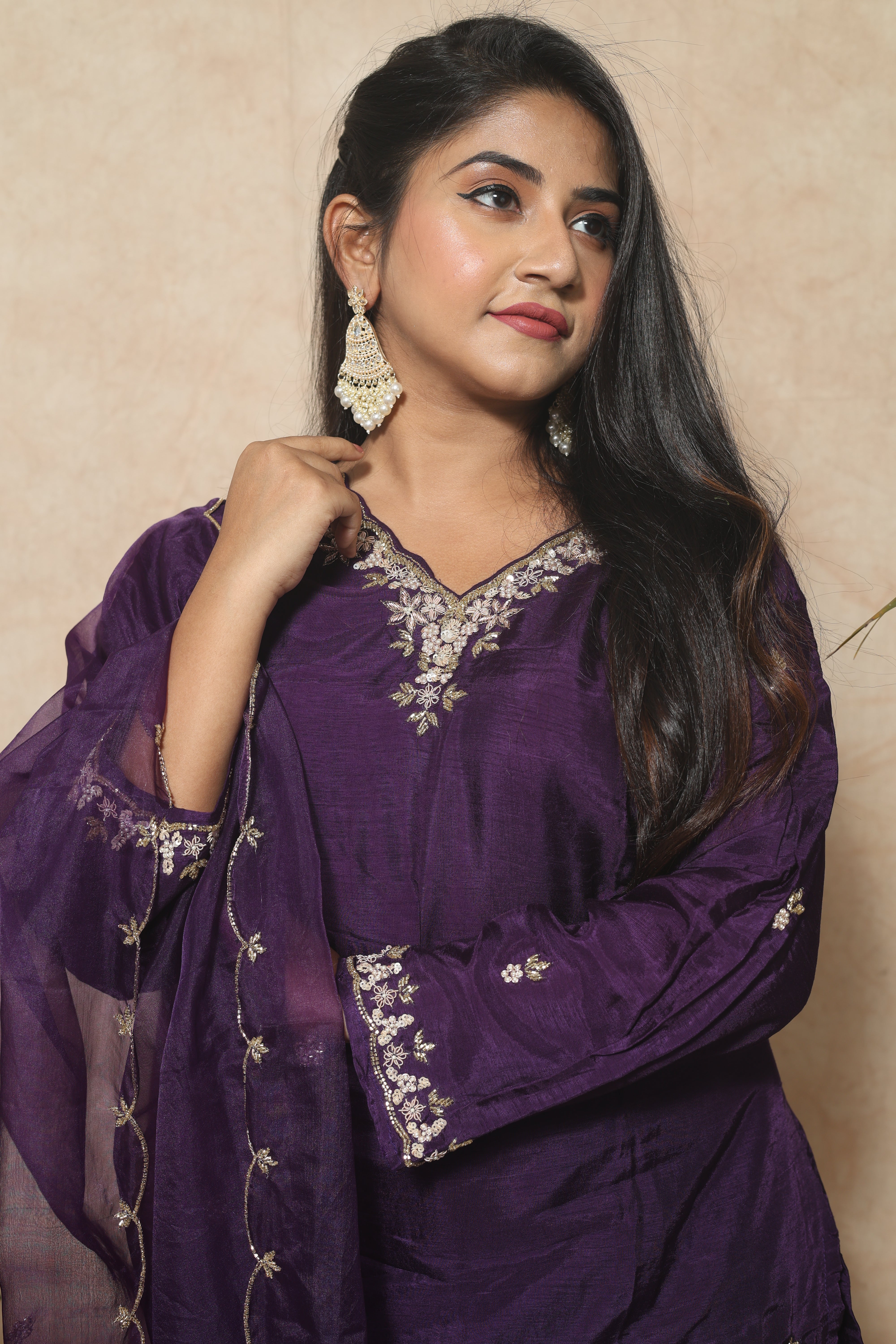 Purple Dola Silk Handwork Suit Set