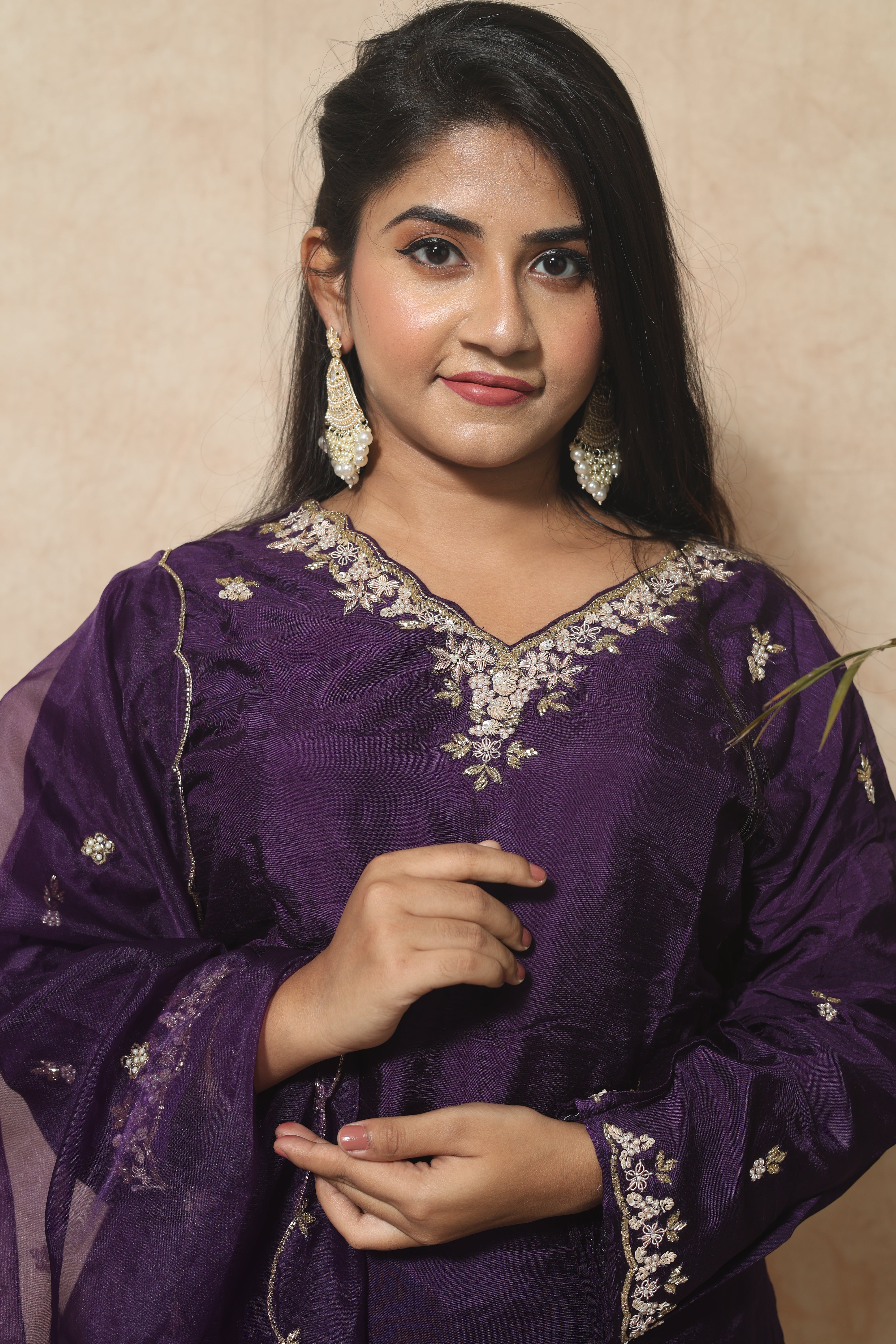Purple Dola Silk Handwork Suit Set