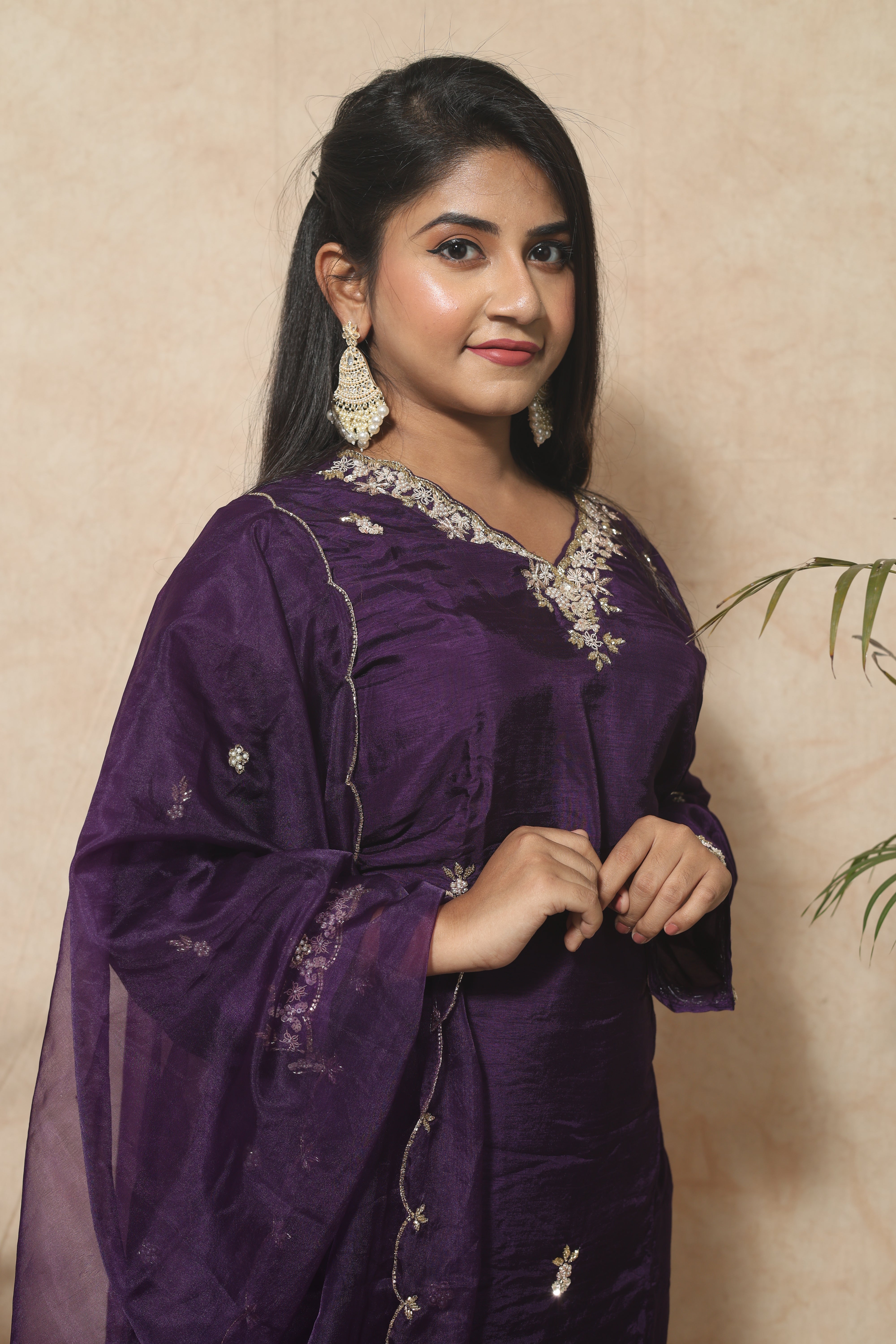 Purple Dola Silk Handwork Suit Set
