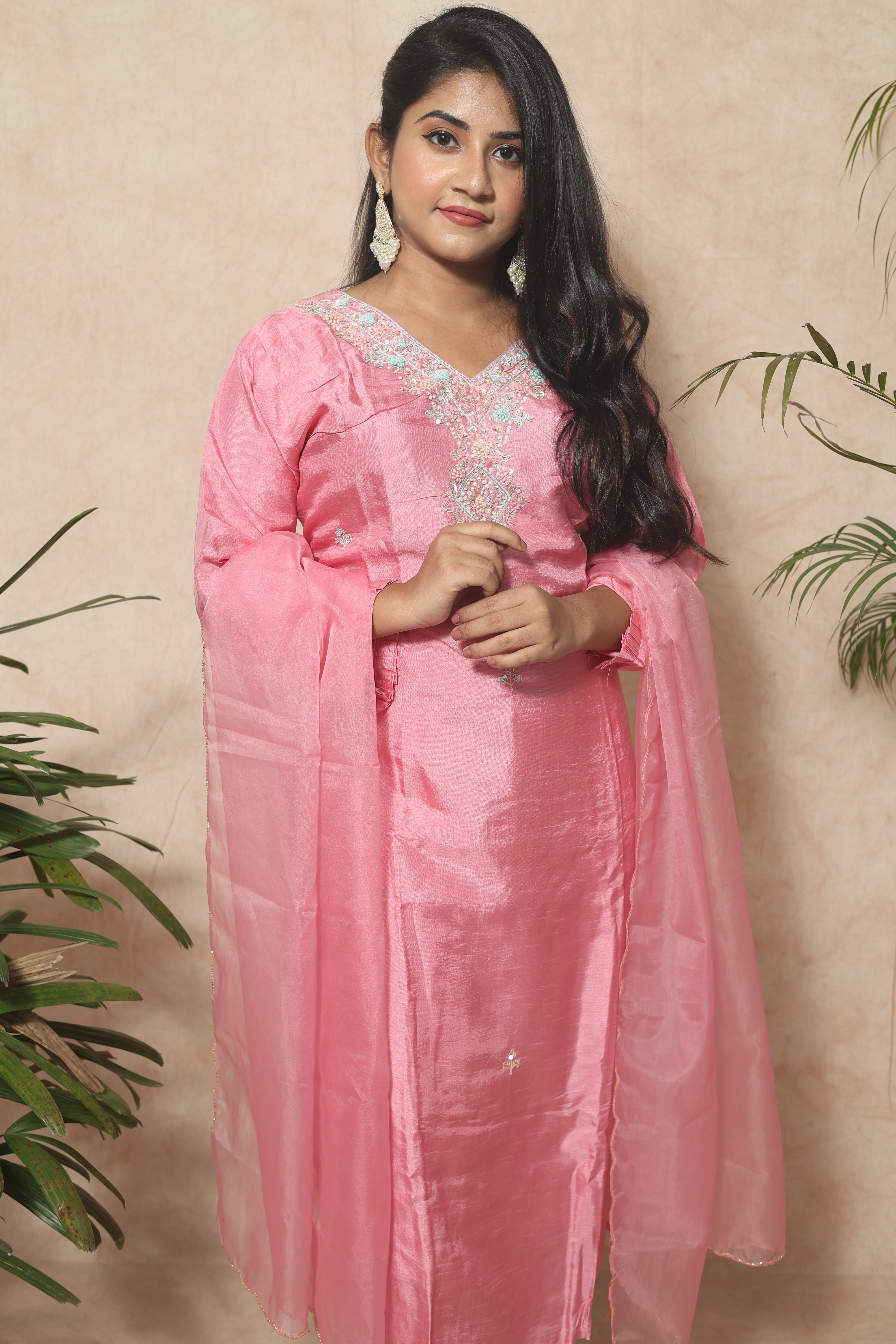 Pink Handwork Dola Silk Suit Set
