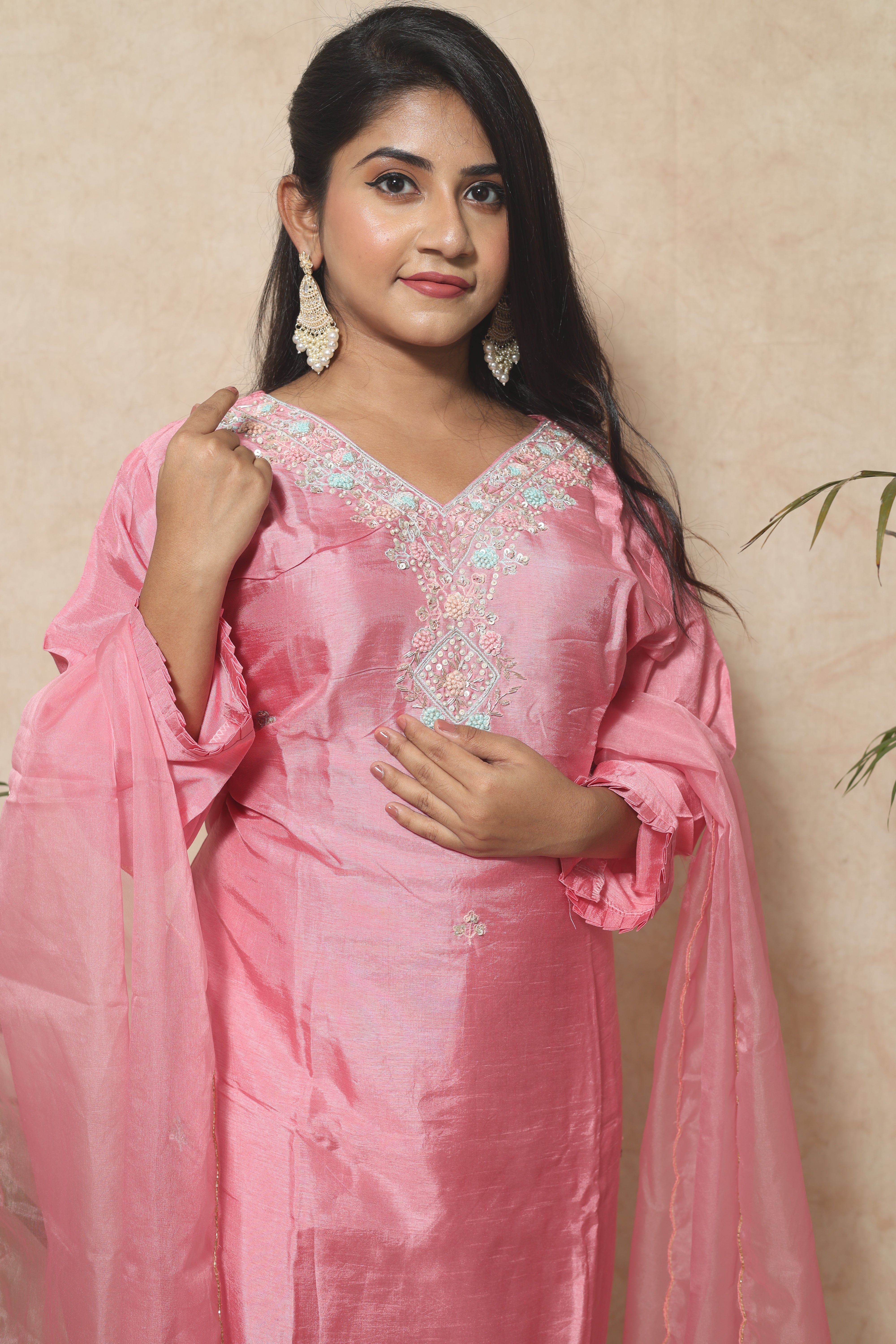 Pink Handwork Dola Silk Suit Set