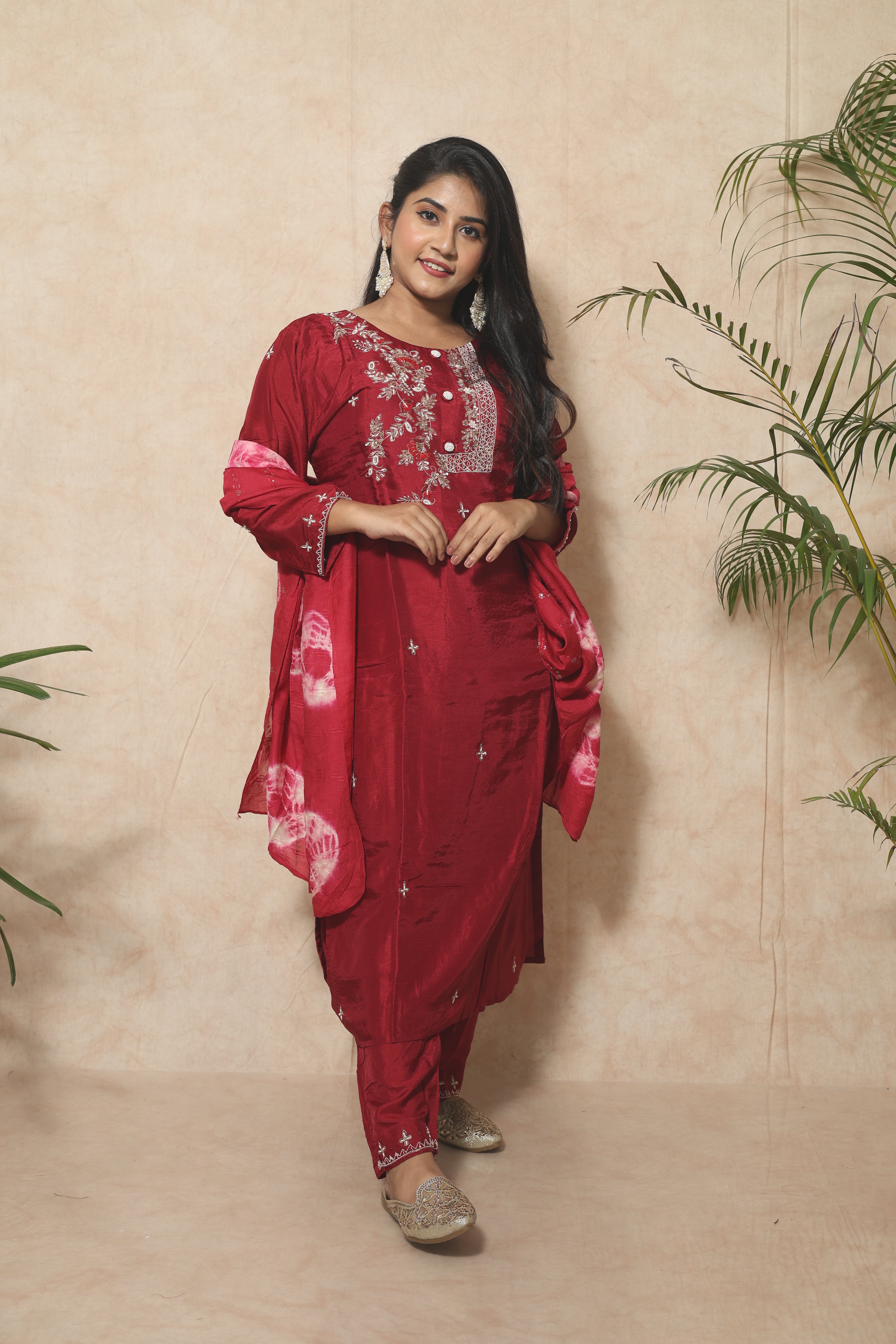 Red Dola Silk Handwork Suit Set