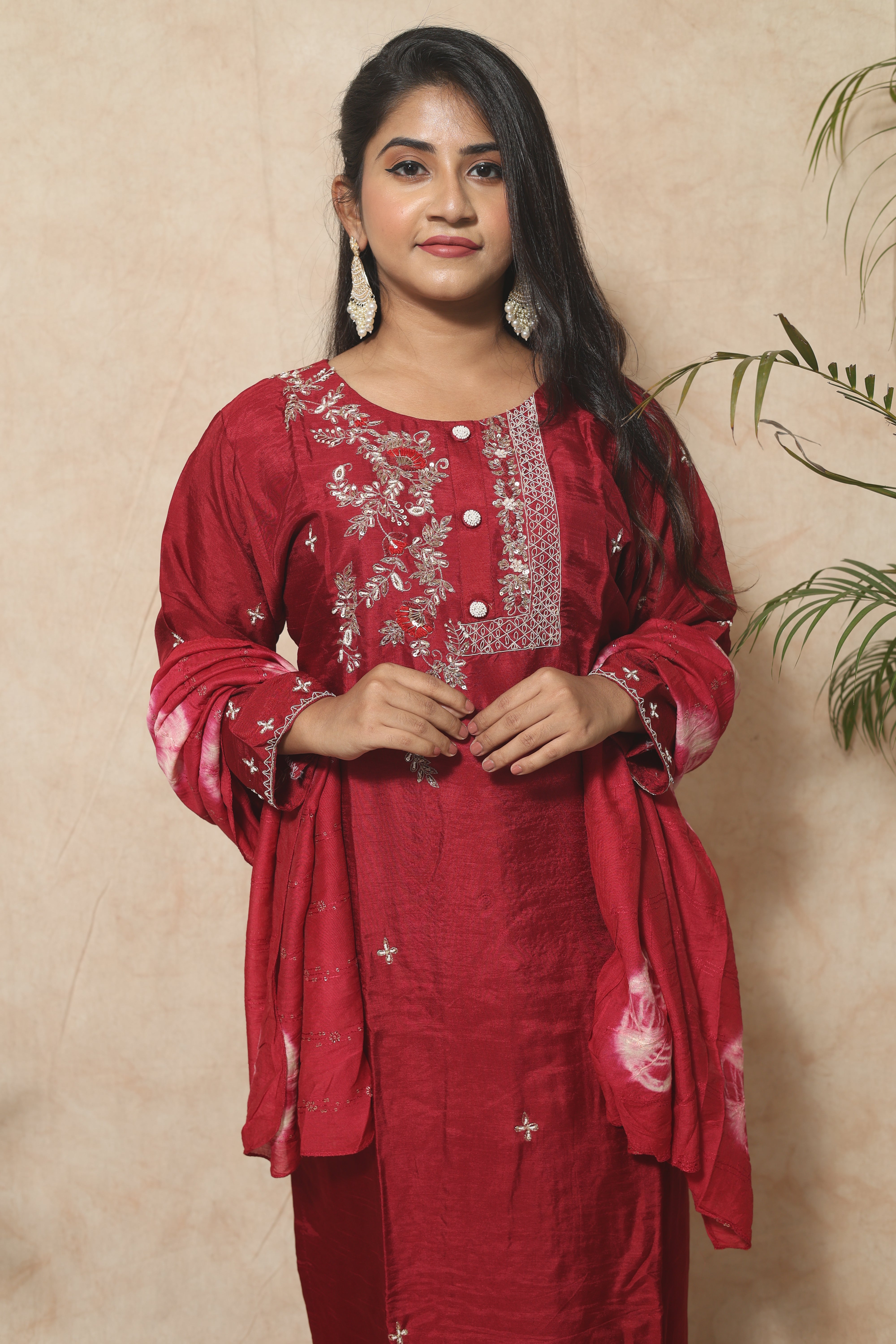 Red Dola Silk Handwork Suit Set