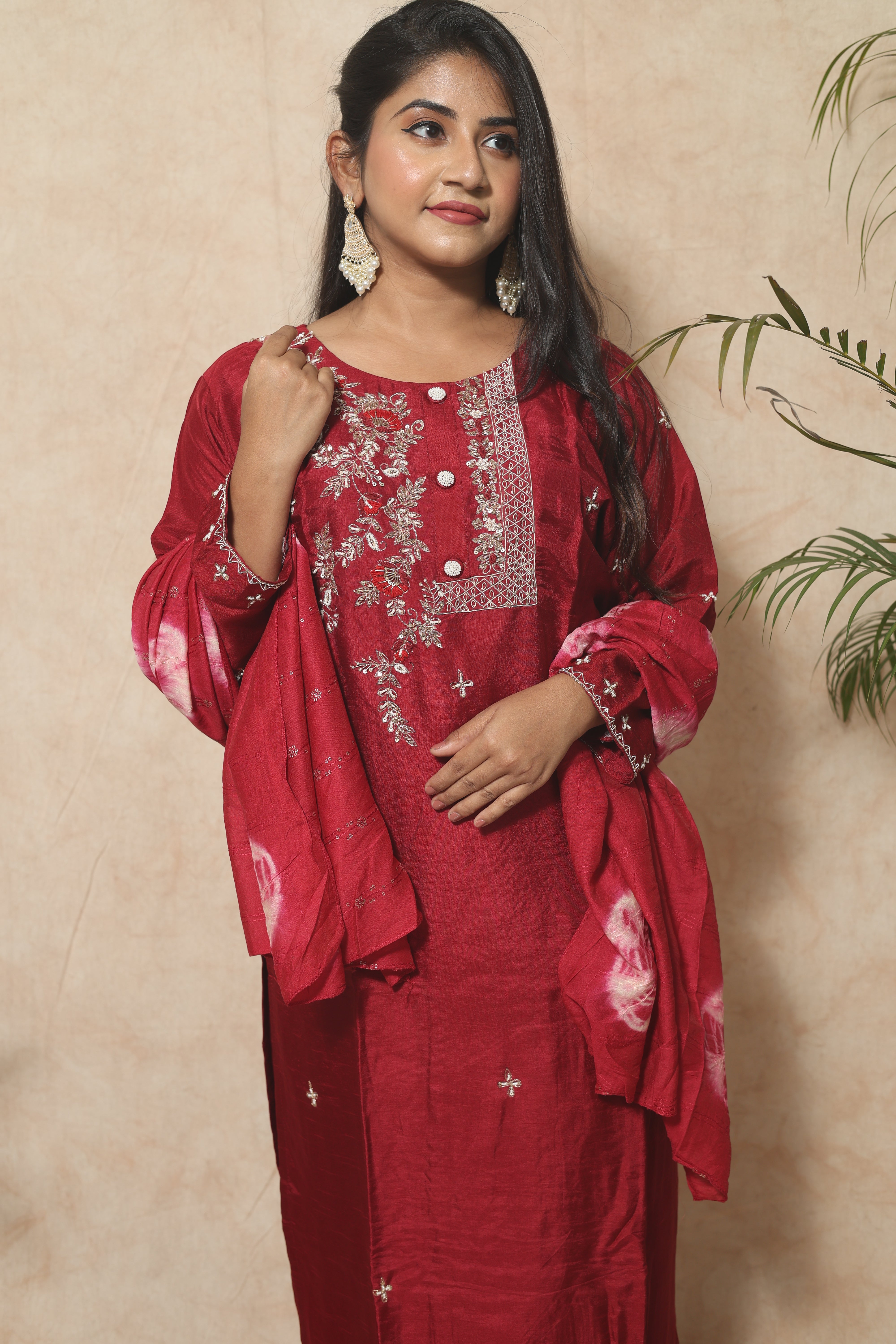 Red Dola Silk Handwork Suit Set