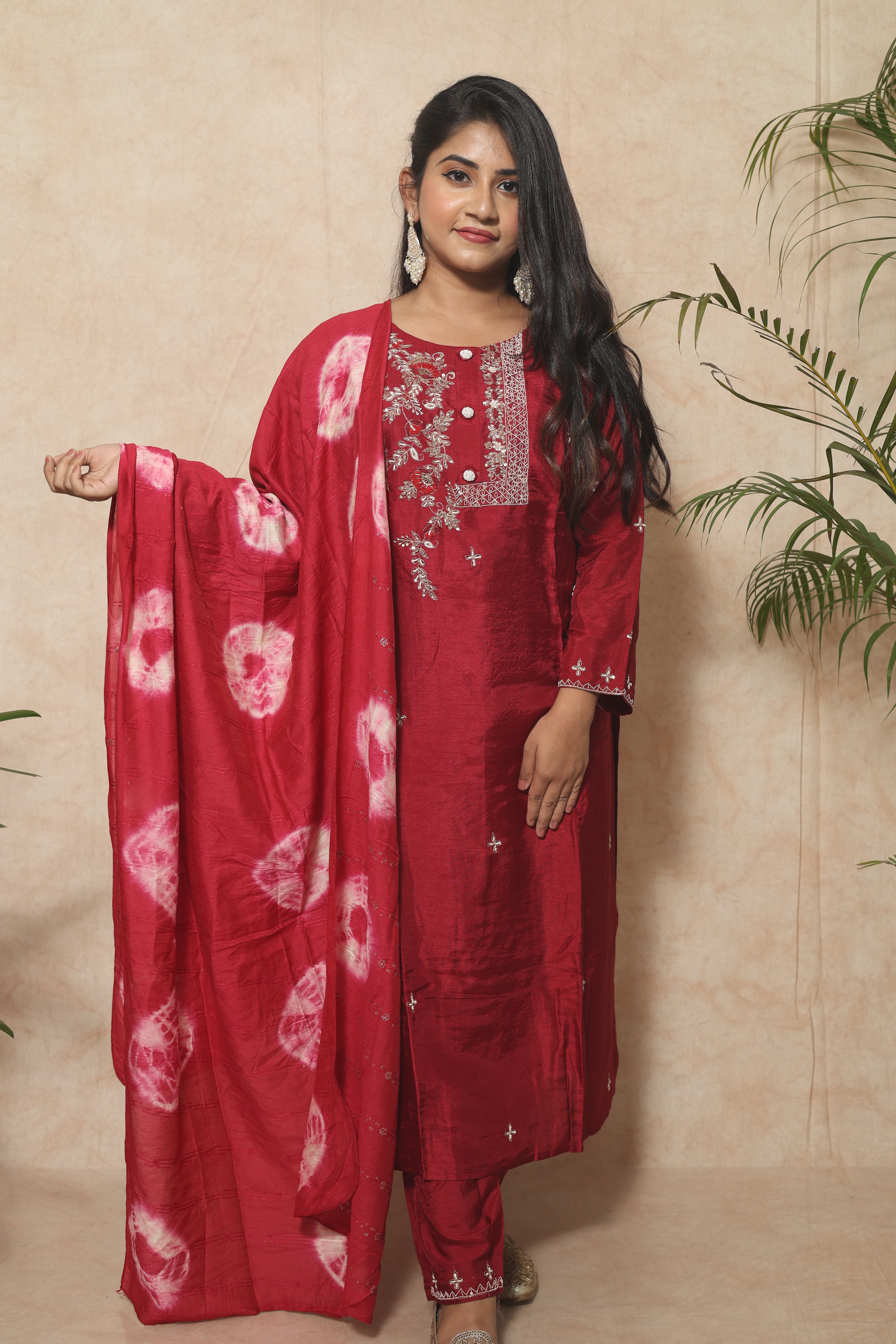 Red Dola Silk Handwork Suit Set