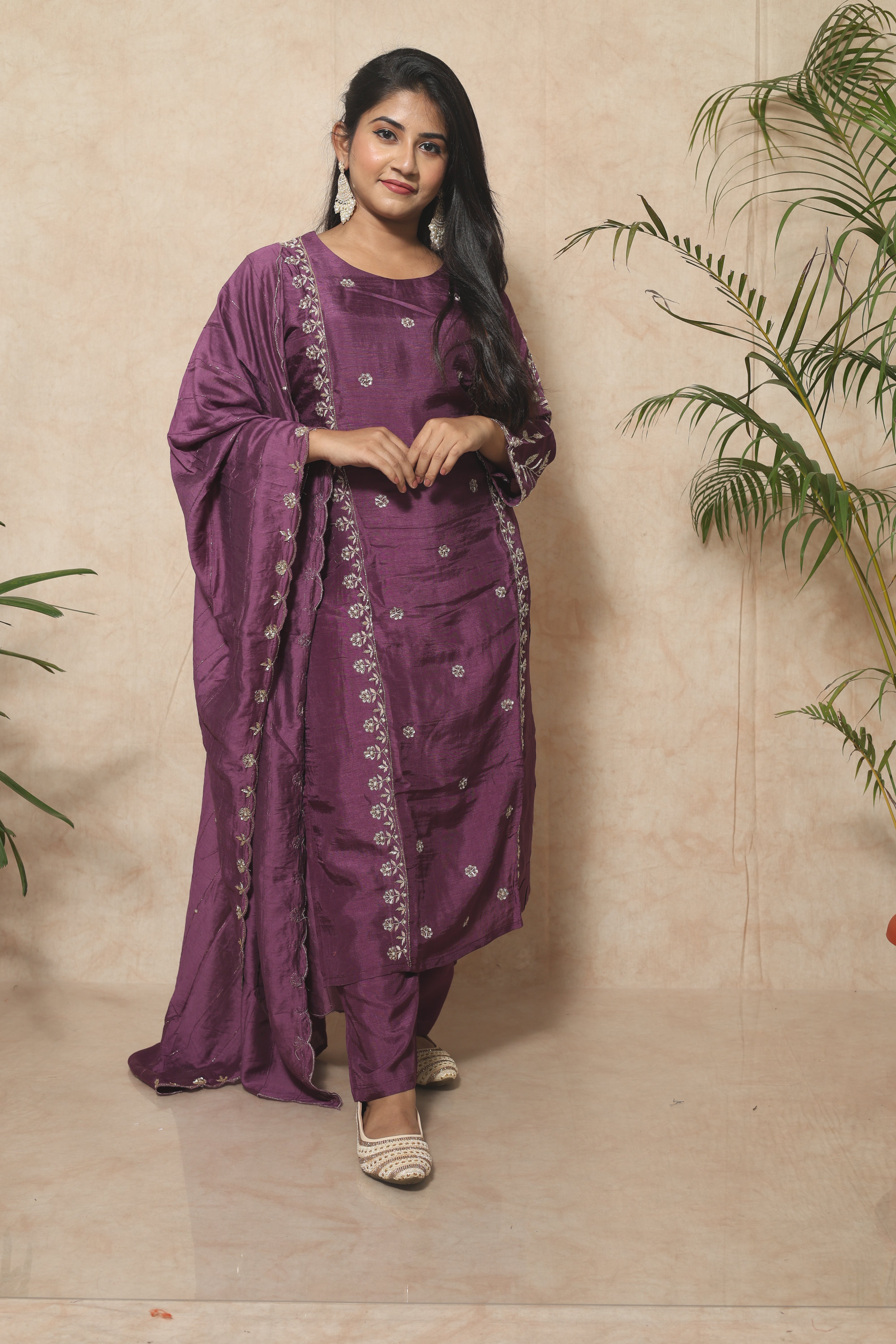 Plum color dola silk suit set with exquisite handwork