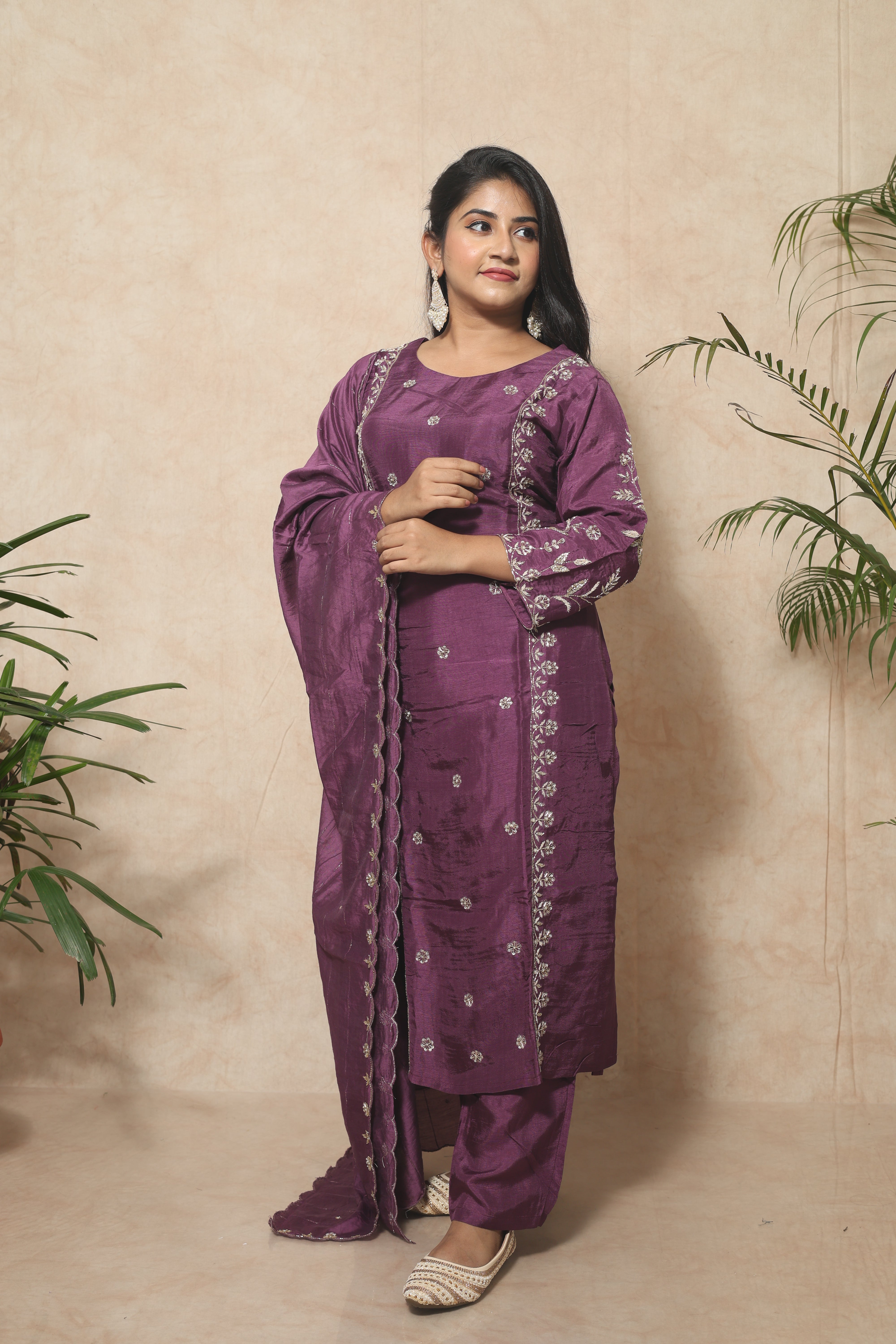 Plum Color Handwork Dola Silk Suit Set