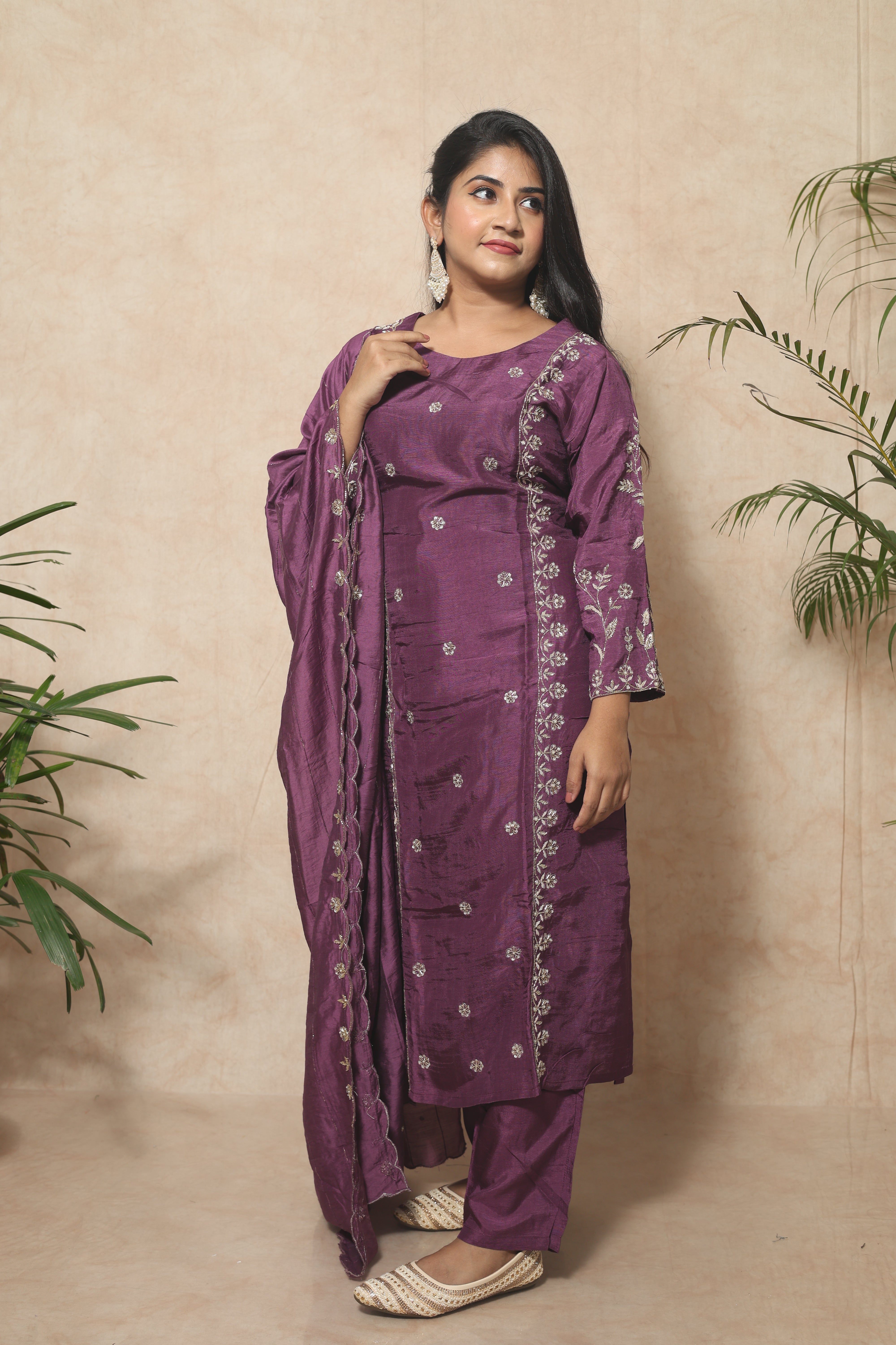 Plum Color Handwork Dola Silk Suit Set