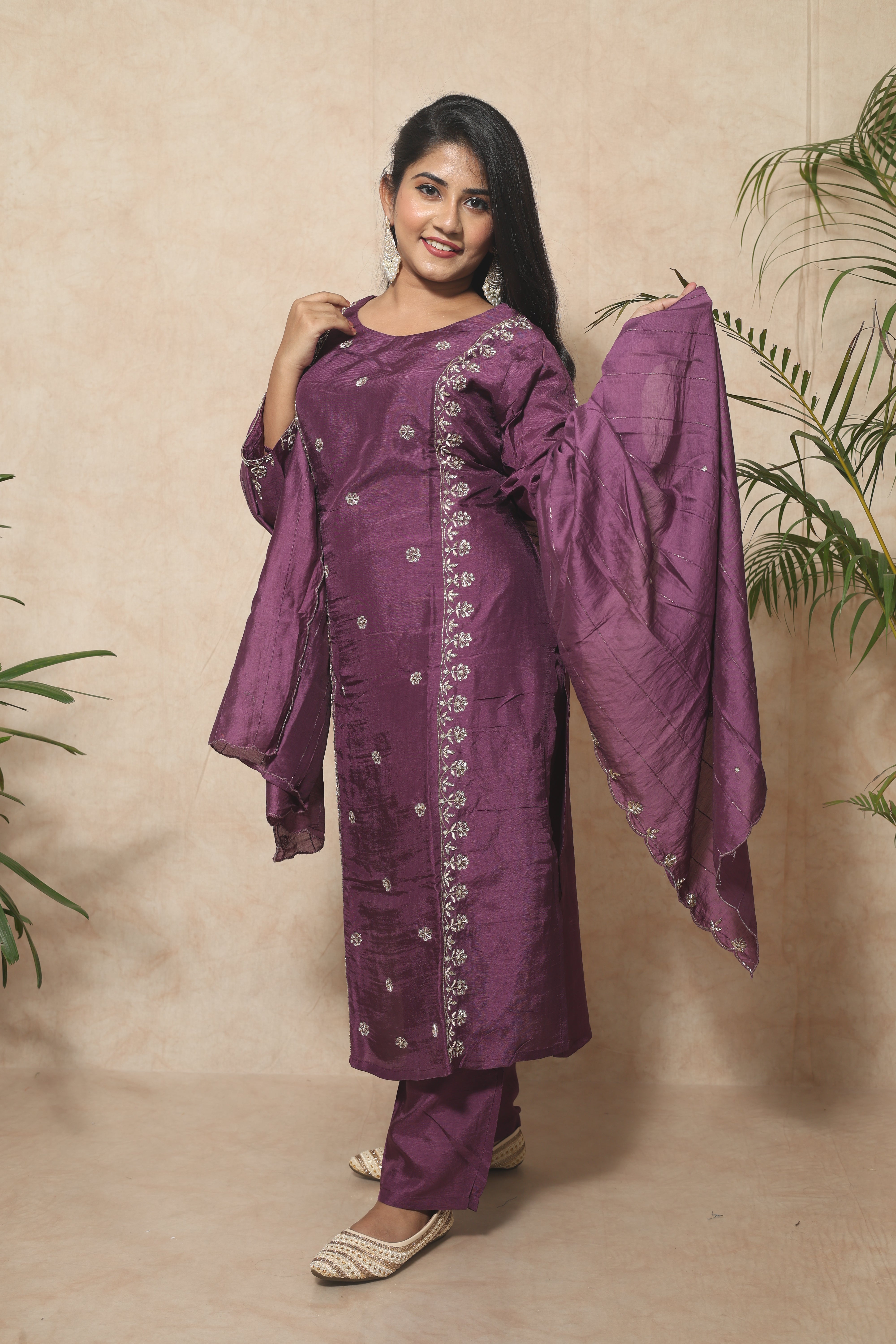 Plum Color Handwork Dola Silk Suit Set