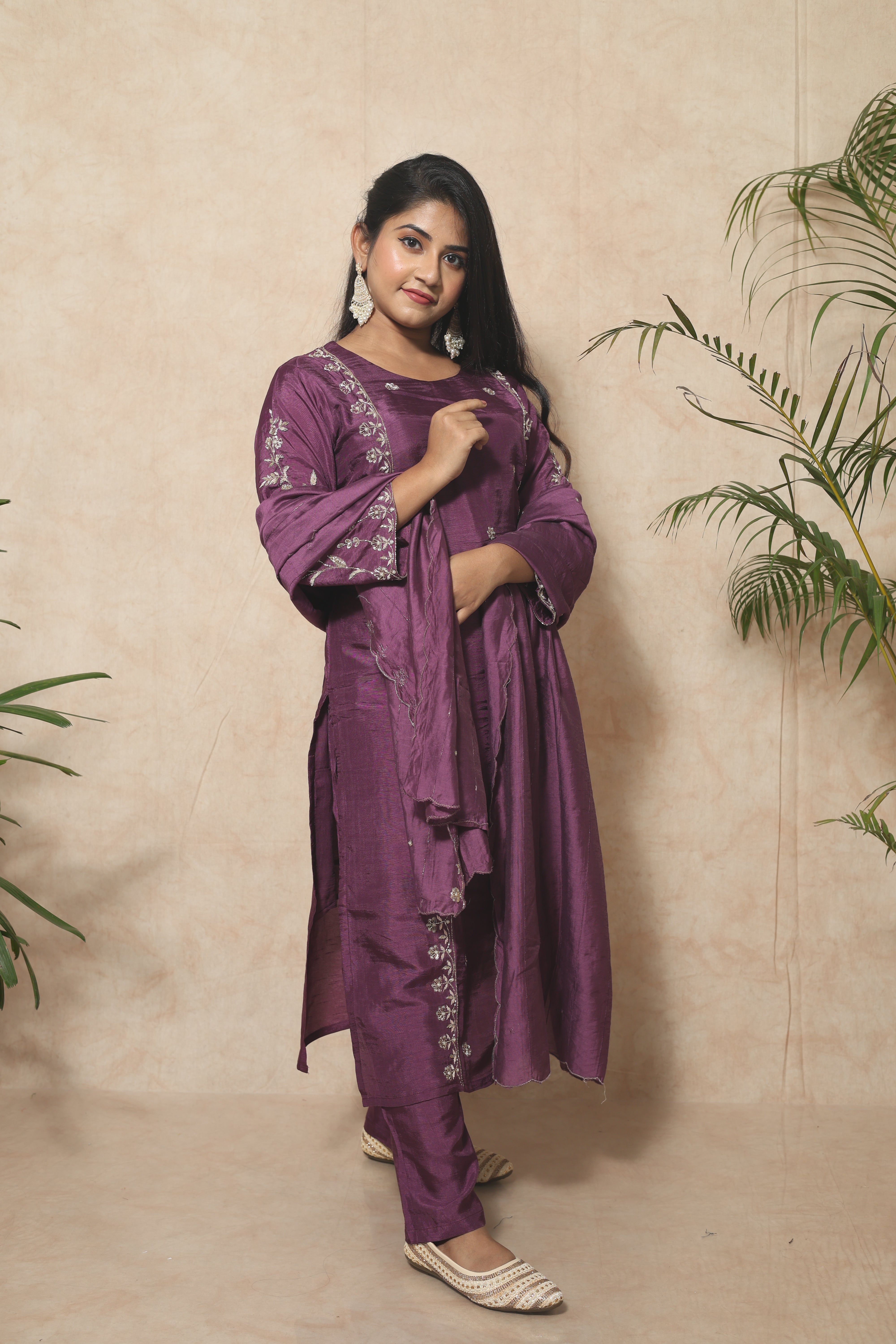 Plum Color Handwork Dola Silk Suit Set