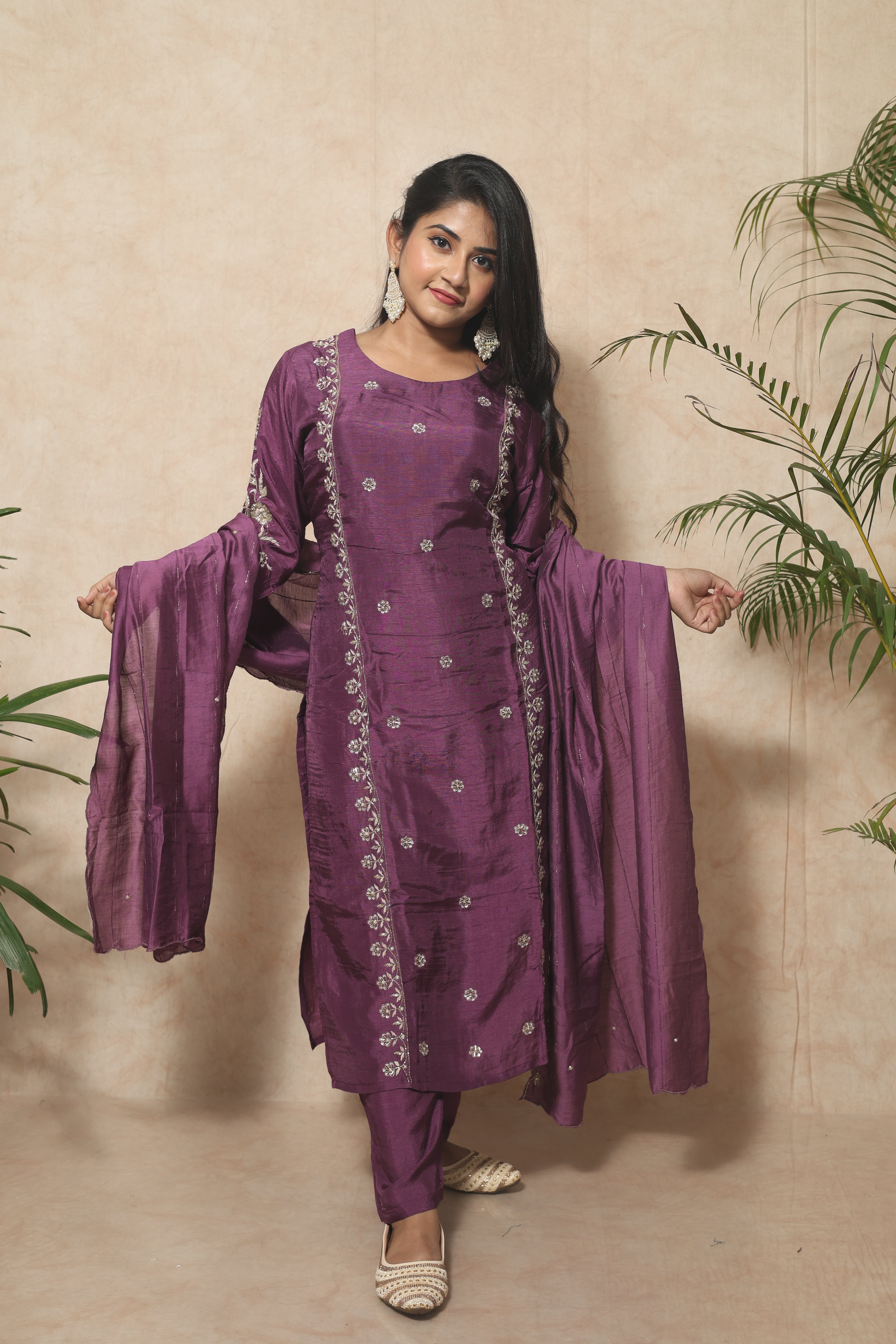 Plum Color Handwork Dola Silk Suit Set
