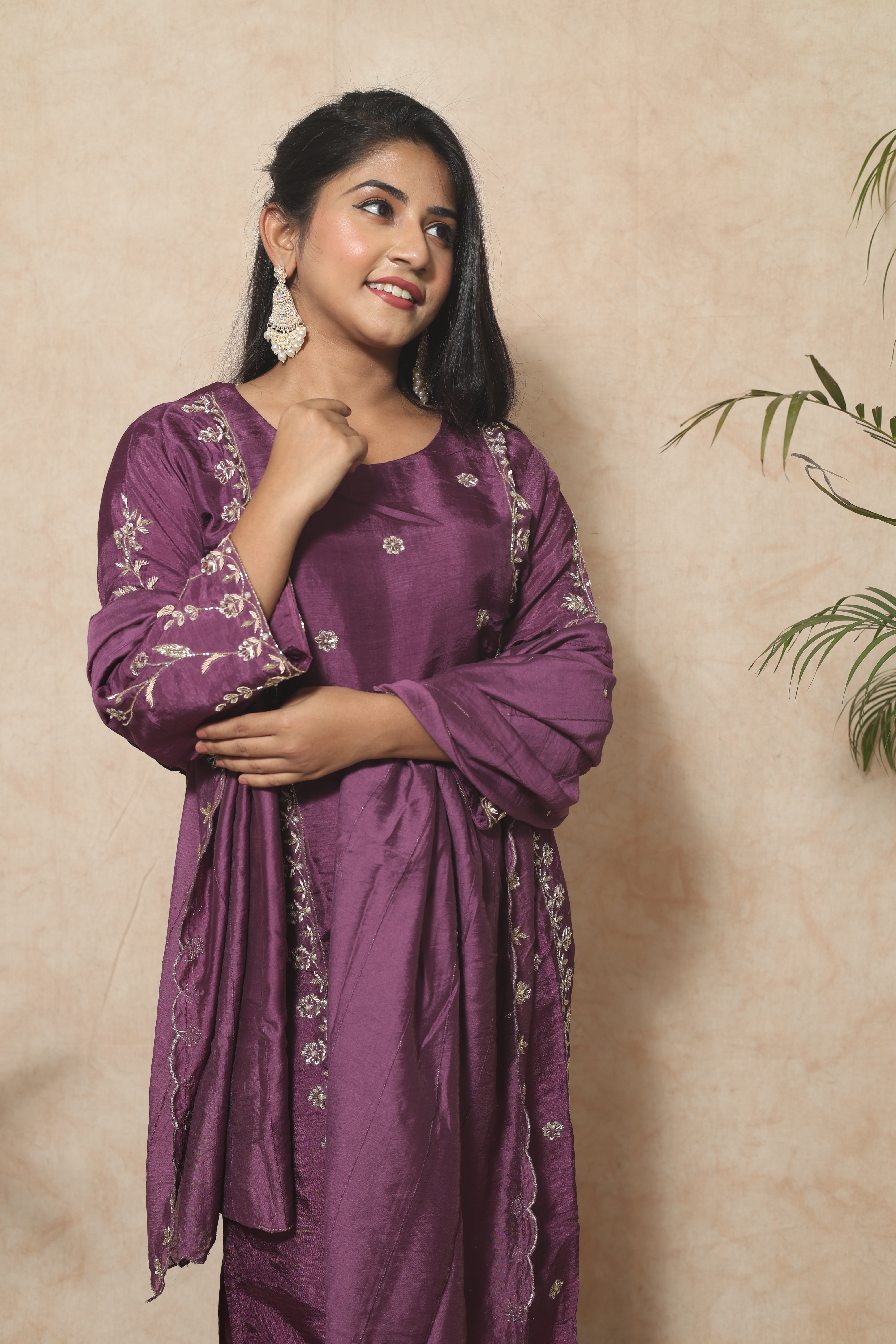 Plum Color Handwork Dola Silk Suit Set