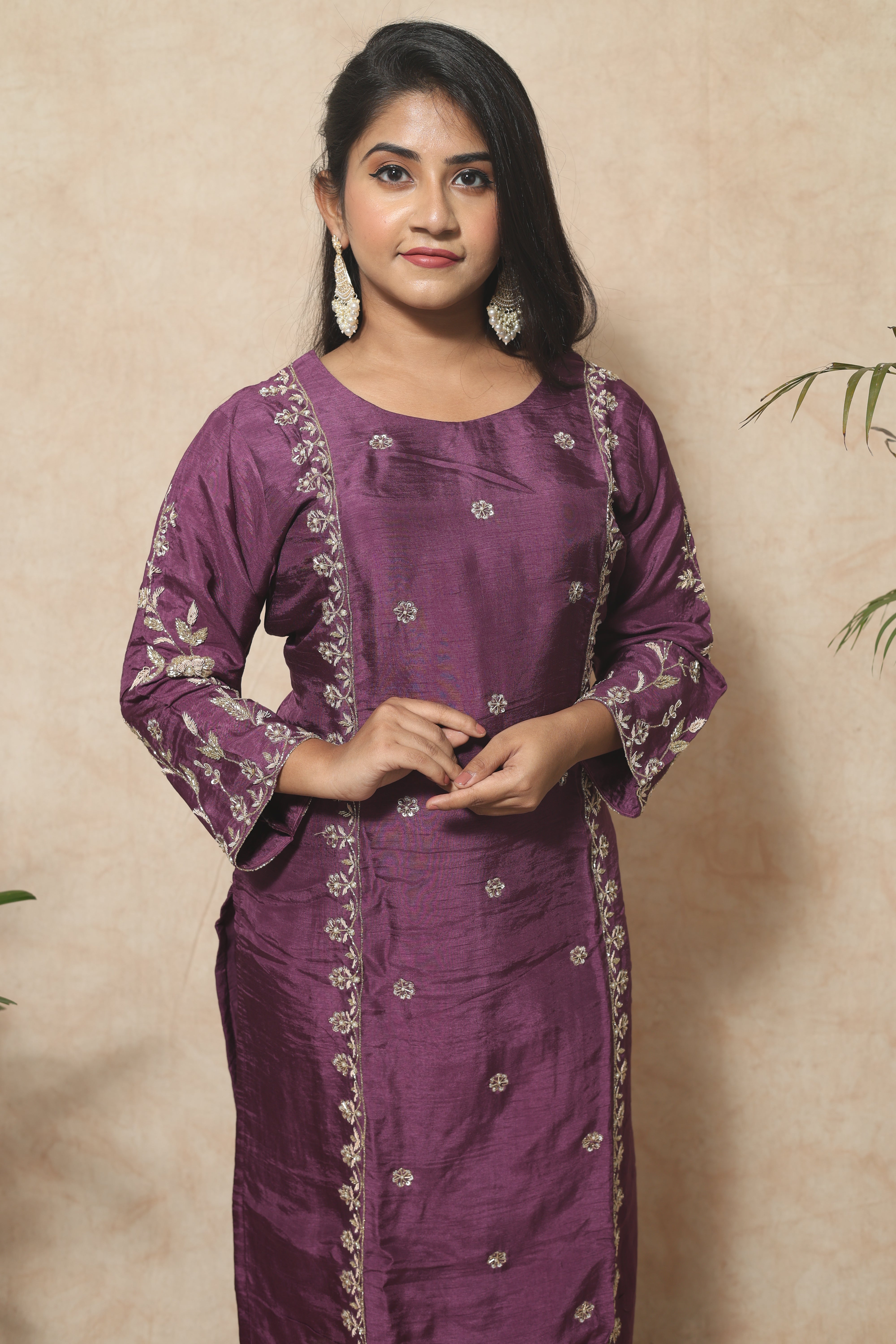 Plum Color Handwork Dola Silk Suit Set