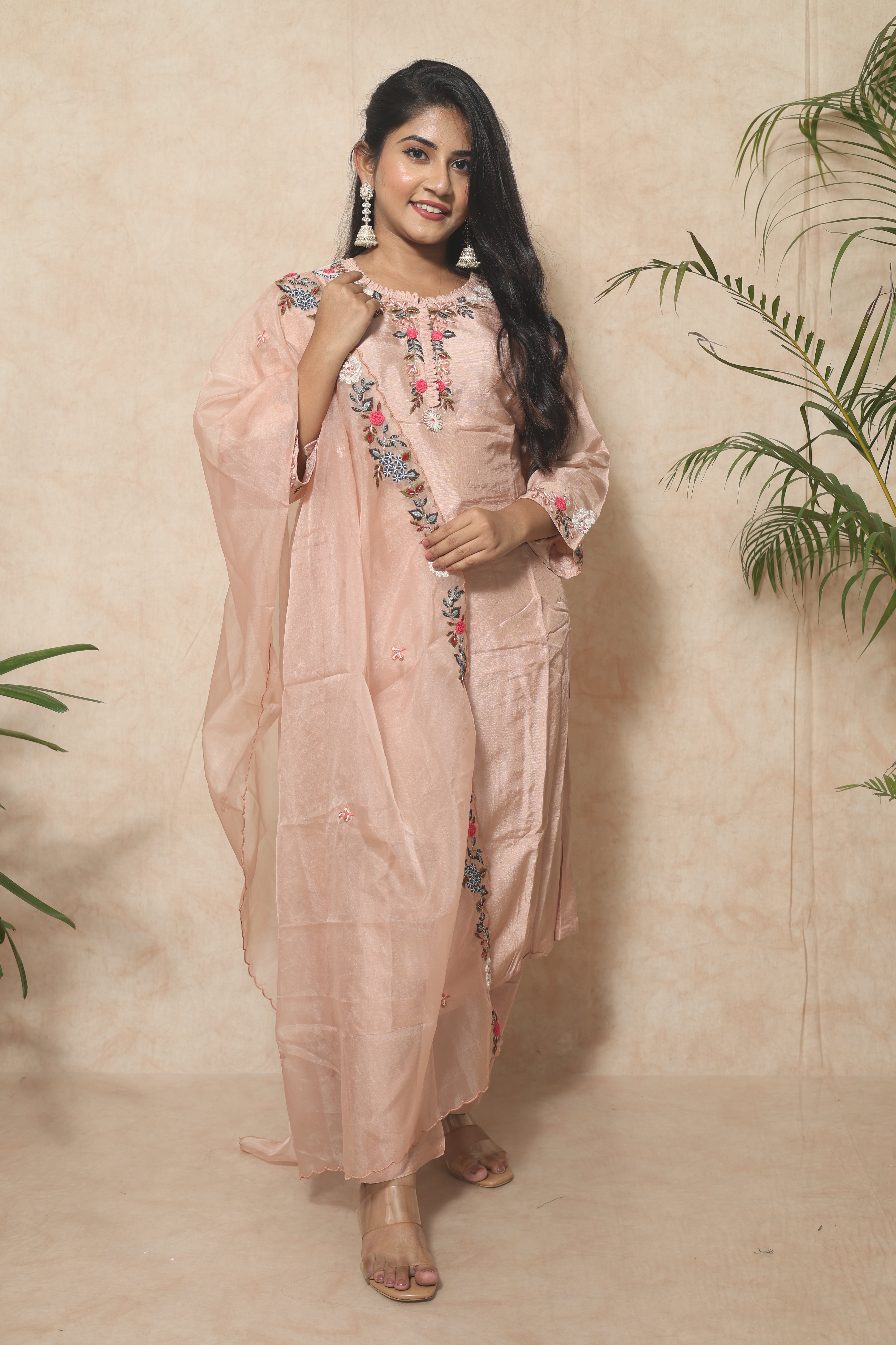 Cream color dola silk suit set with beautiful handwork