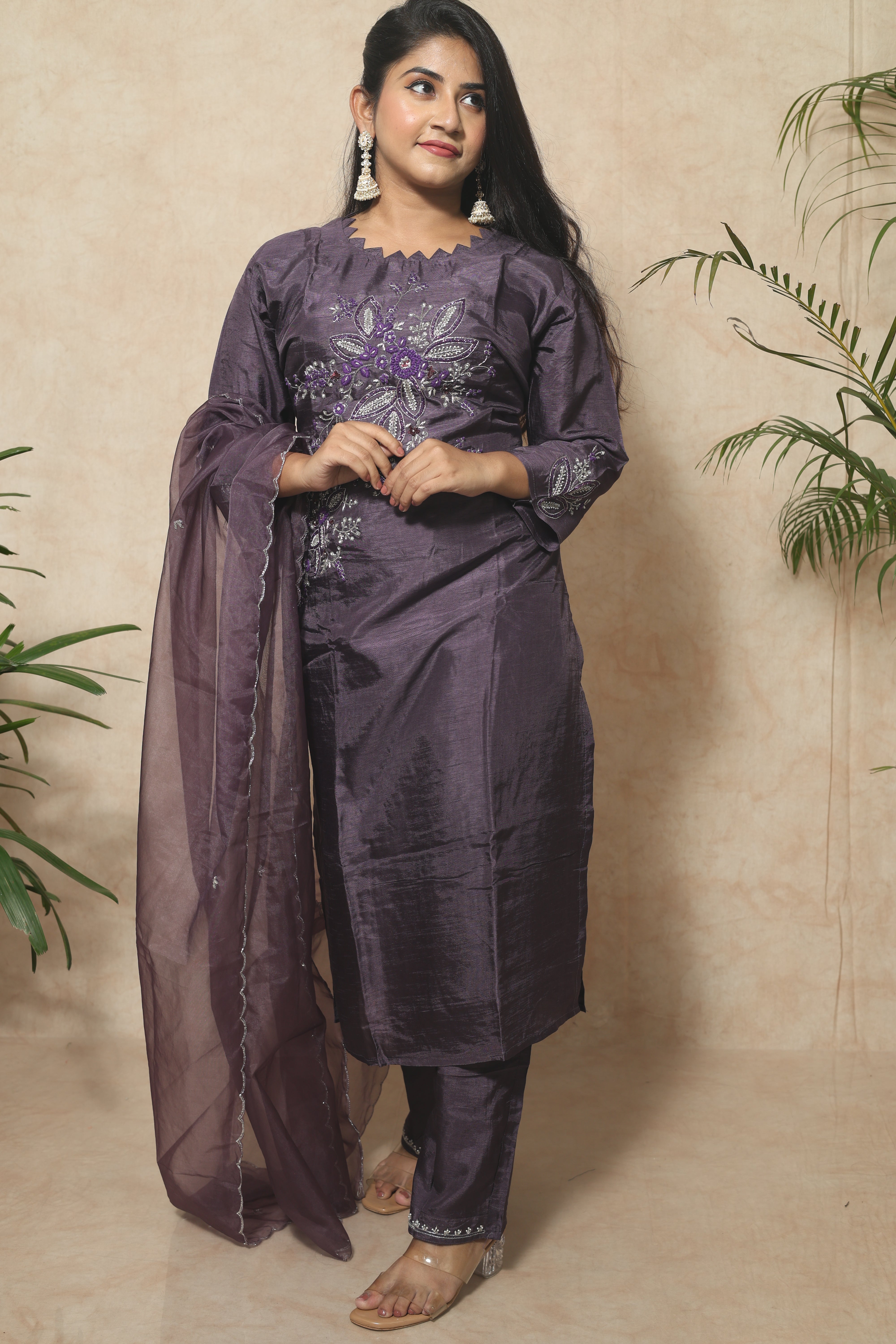 Dusty purple dola silk suit set featuring exquisite handwork