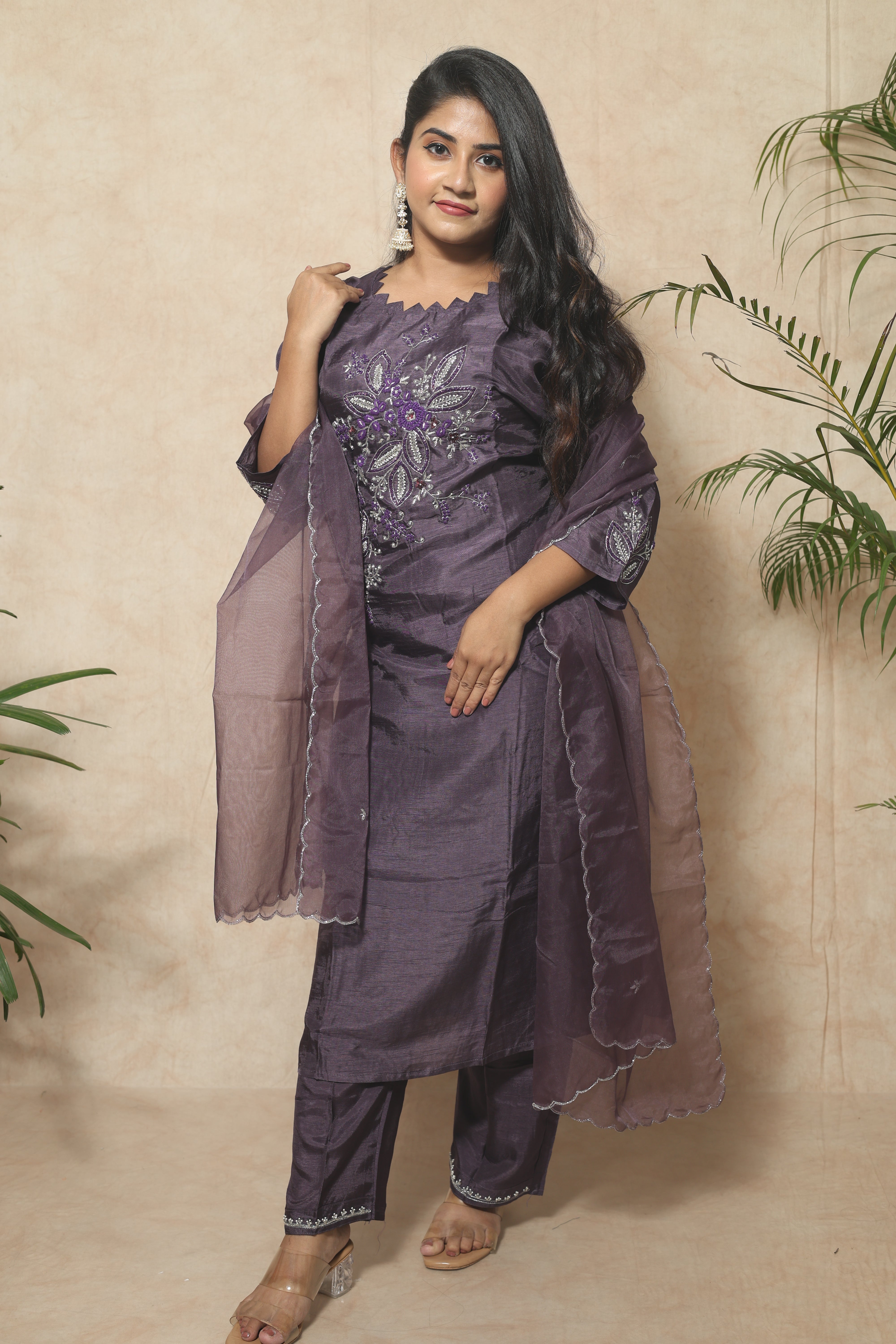 Dusty Purple Color Handwork Dola Silk Suit Set
