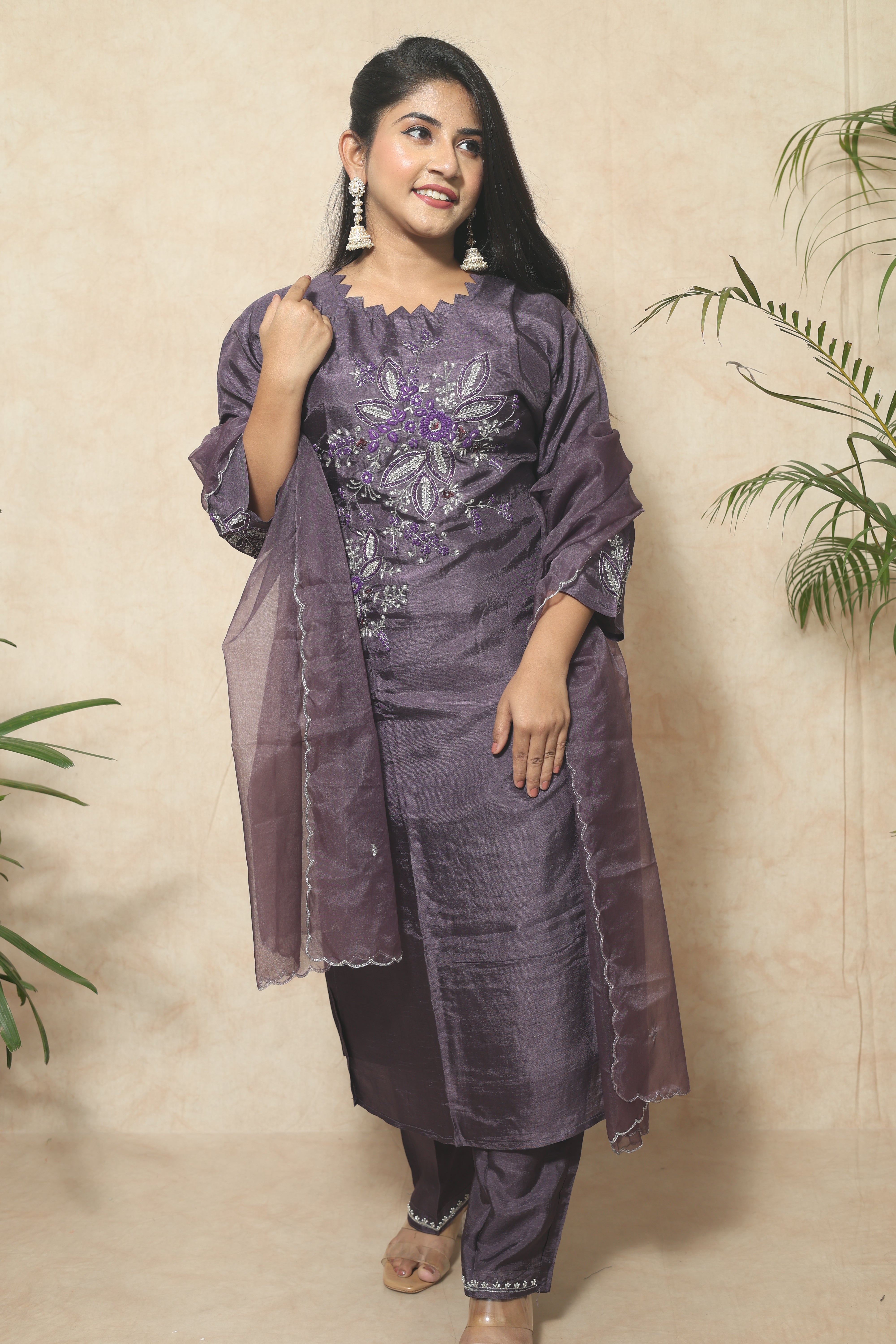 Dusty Purple Color Handwork Dola Silk Suit Set