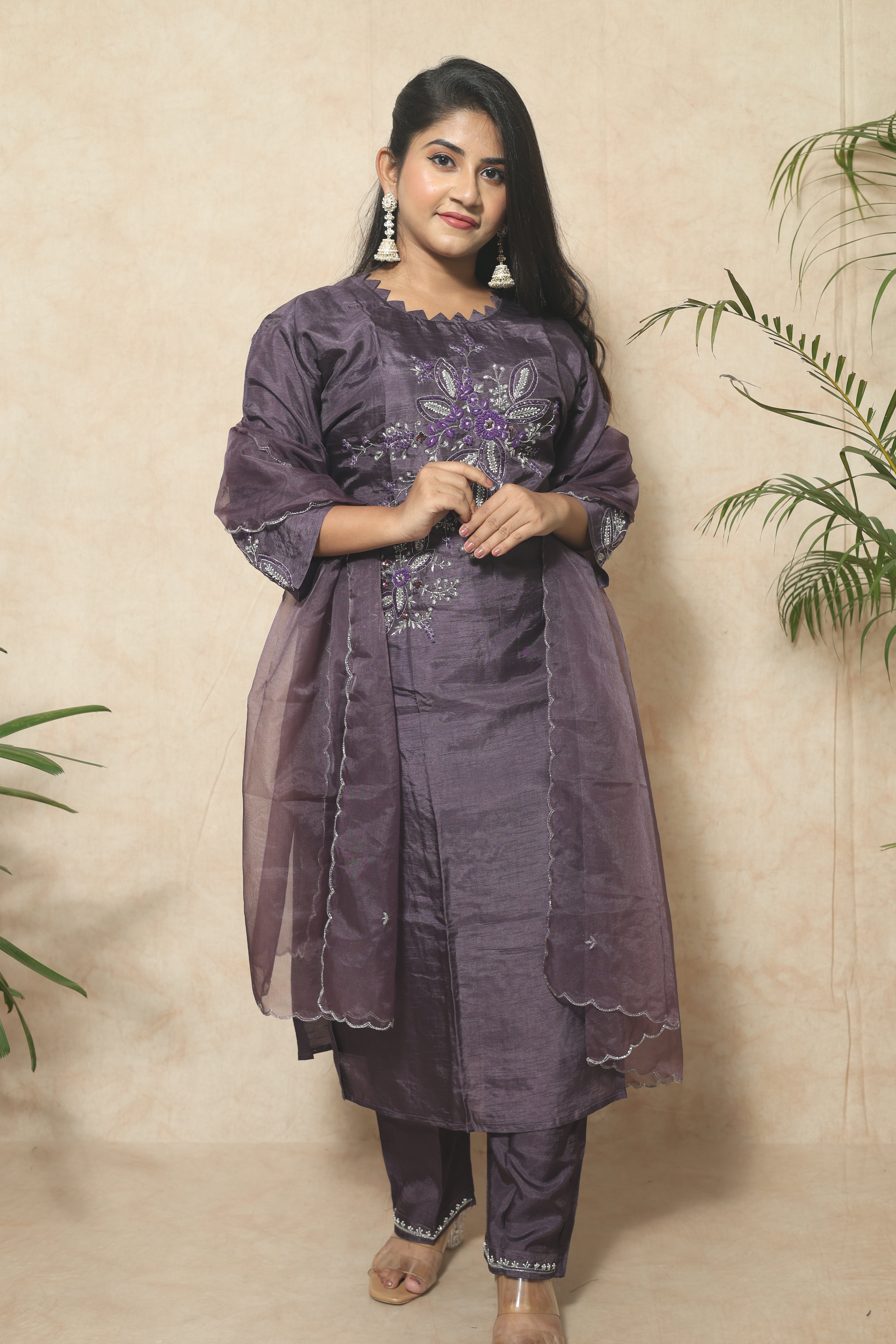 Dusty Purple Color Handwork Dola Silk Suit Set