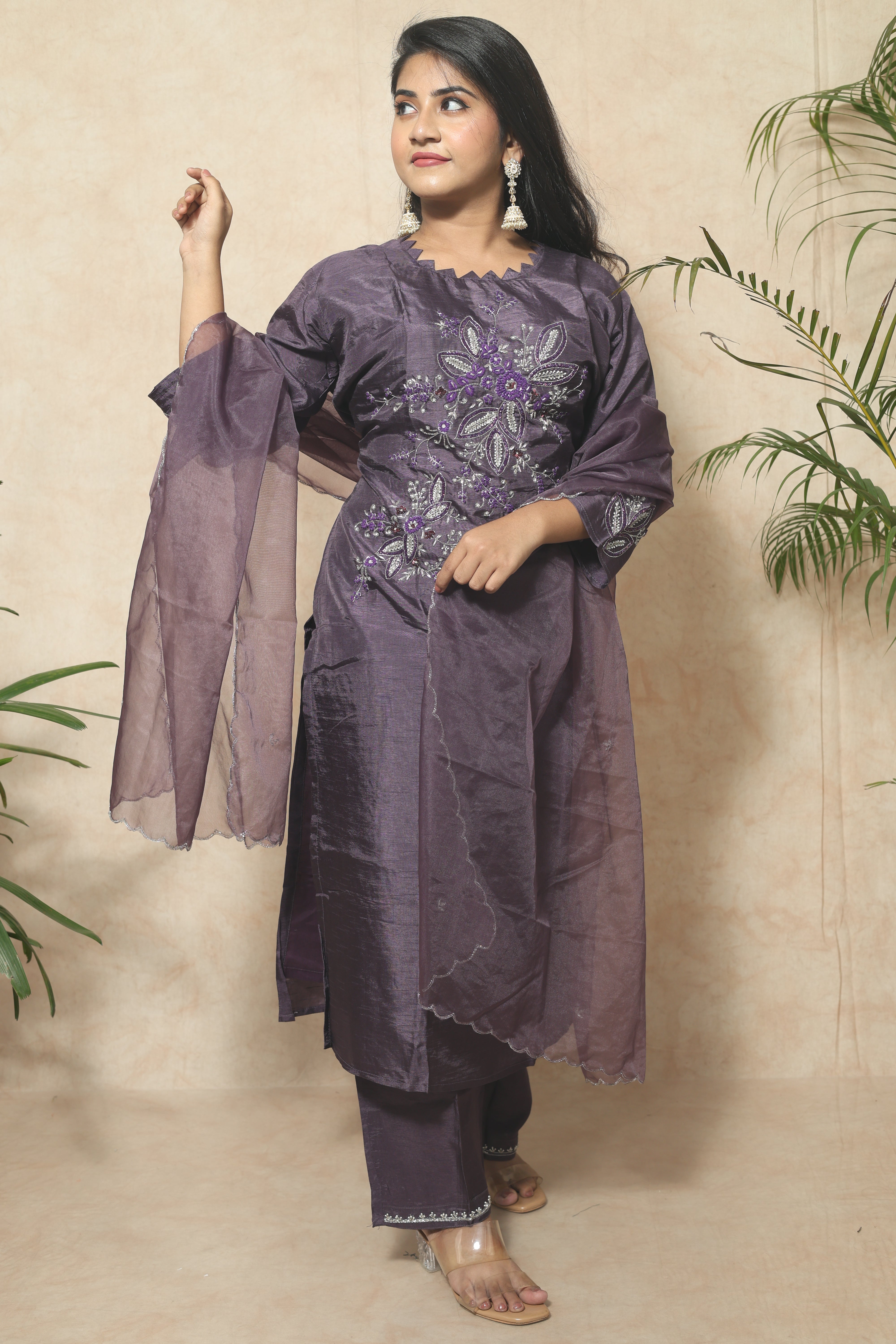 Dusty Purple Color Handwork Dola Silk Suit Set