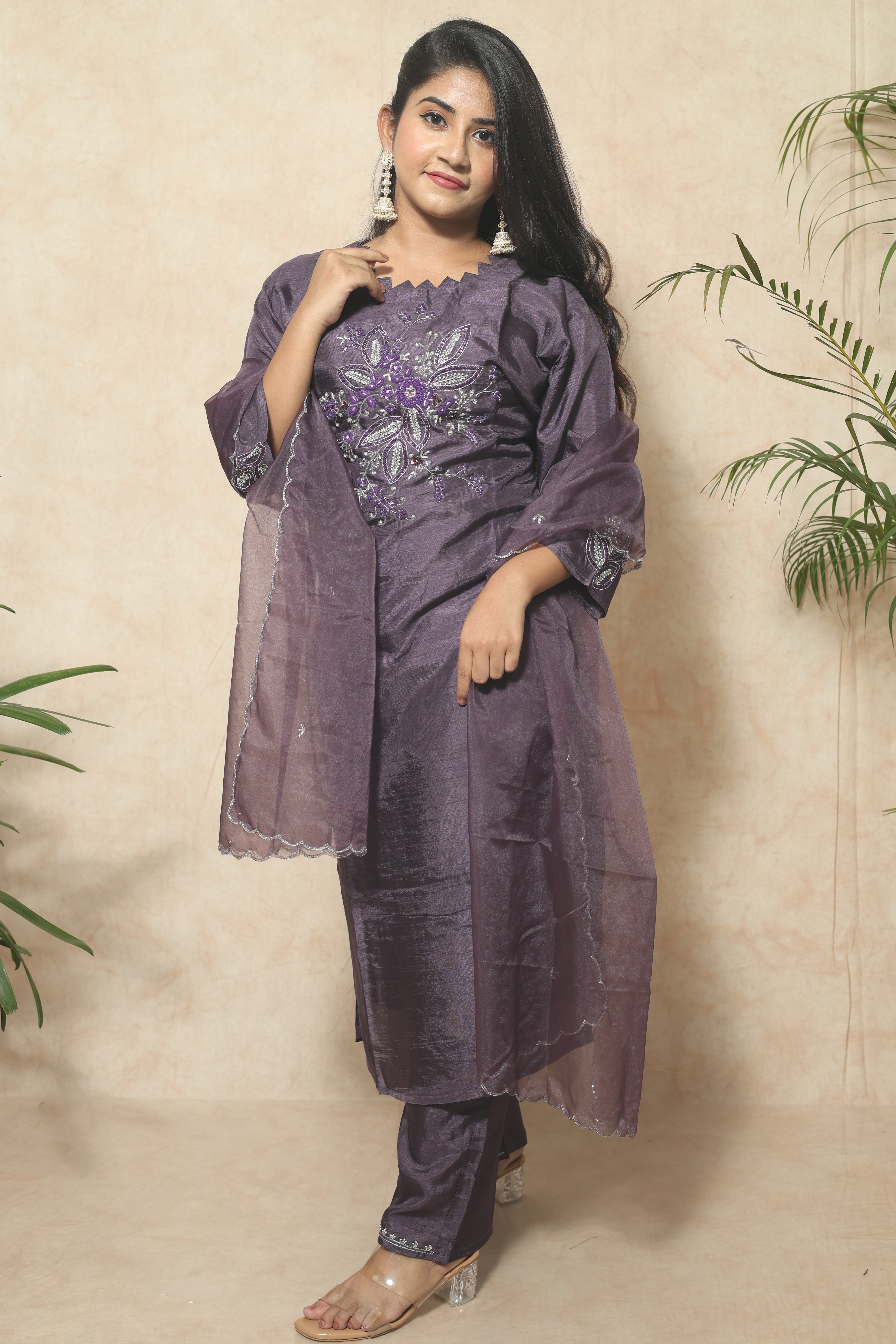 Dusty Purple Color Handwork Dola Silk Suit Set