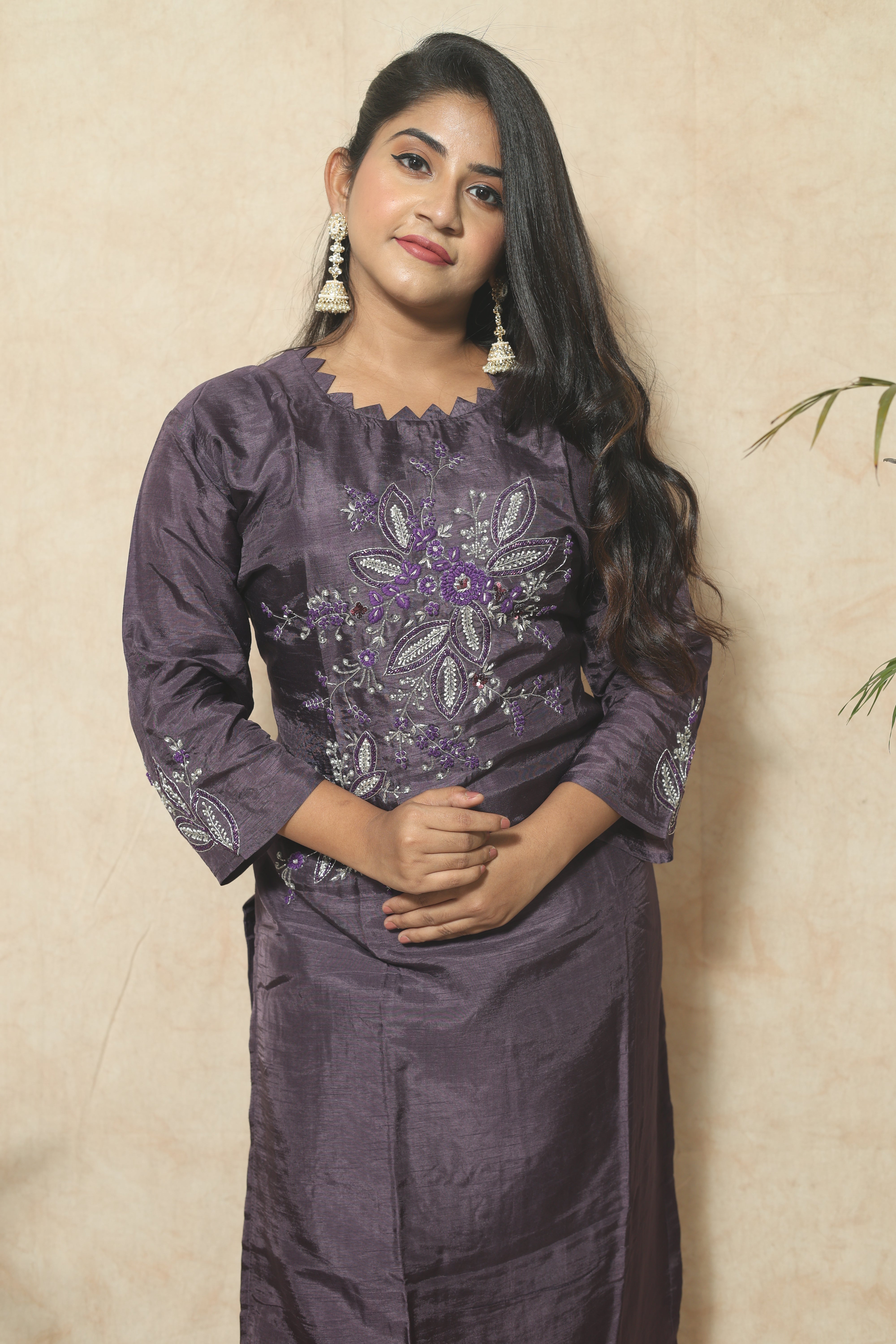 Dusty Purple Color Handwork Dola Silk Suit Set