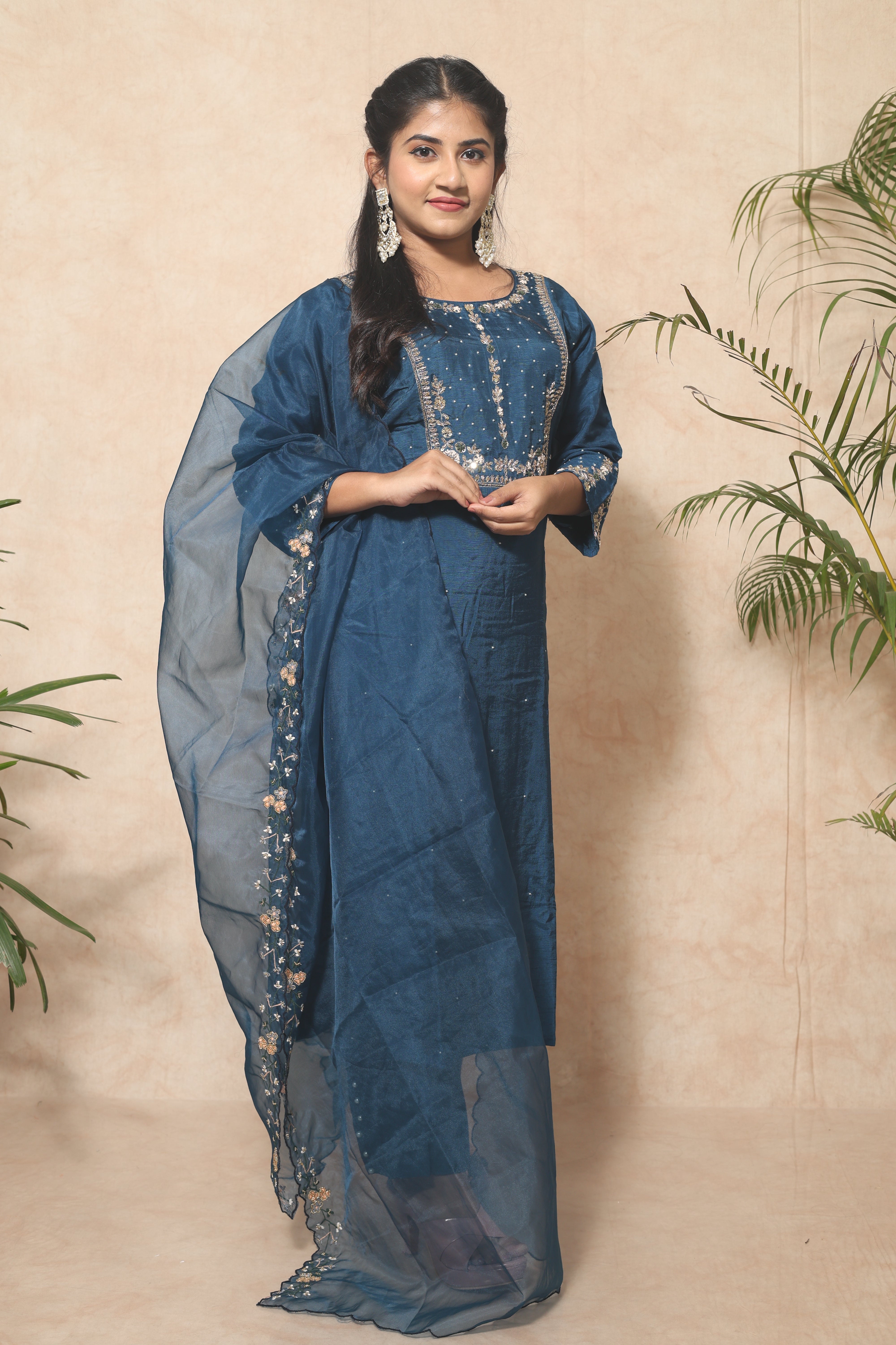 Blue color dola silk suit set with beautiful handwork