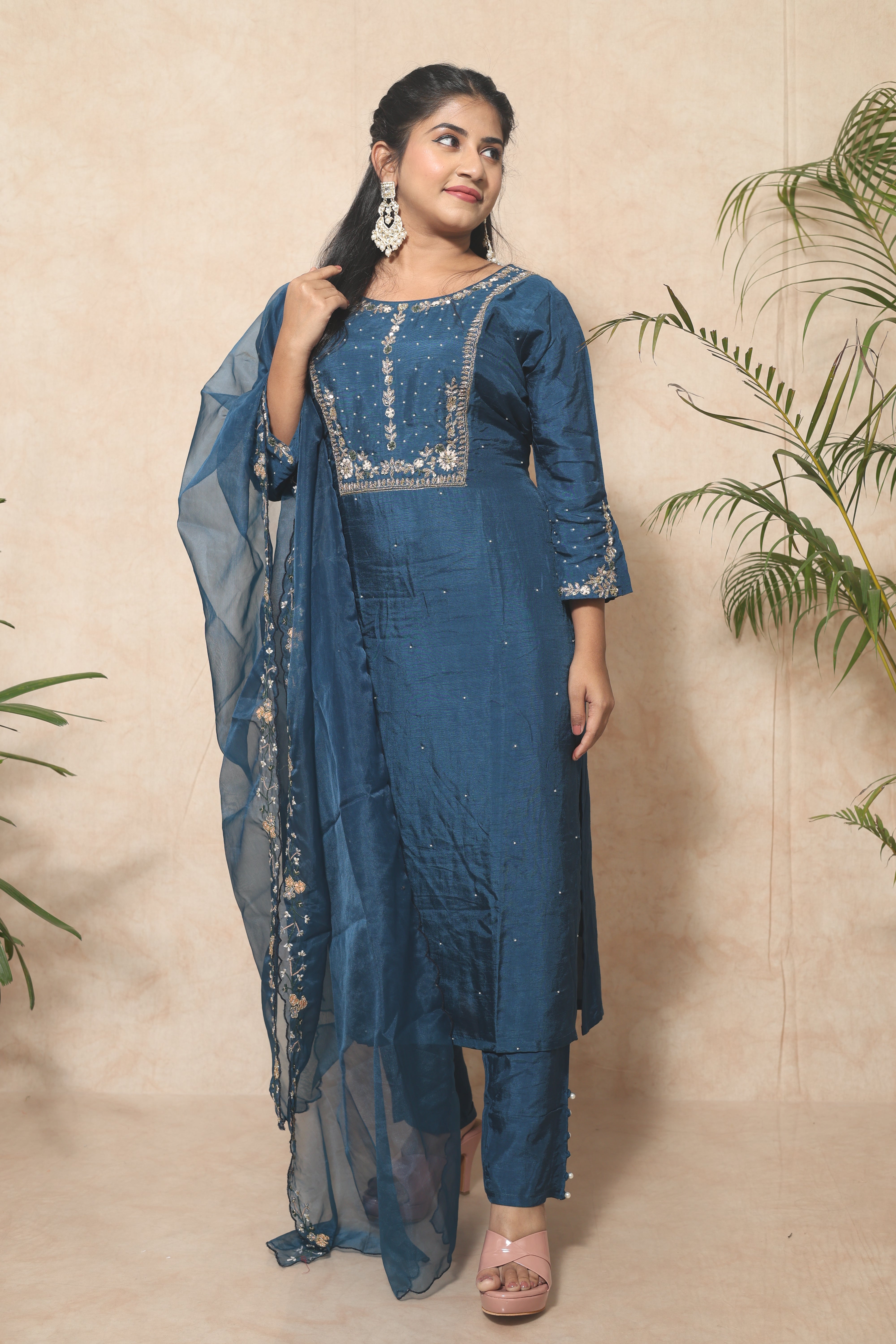 Blue Color Handwork Dola Silk Suit Set