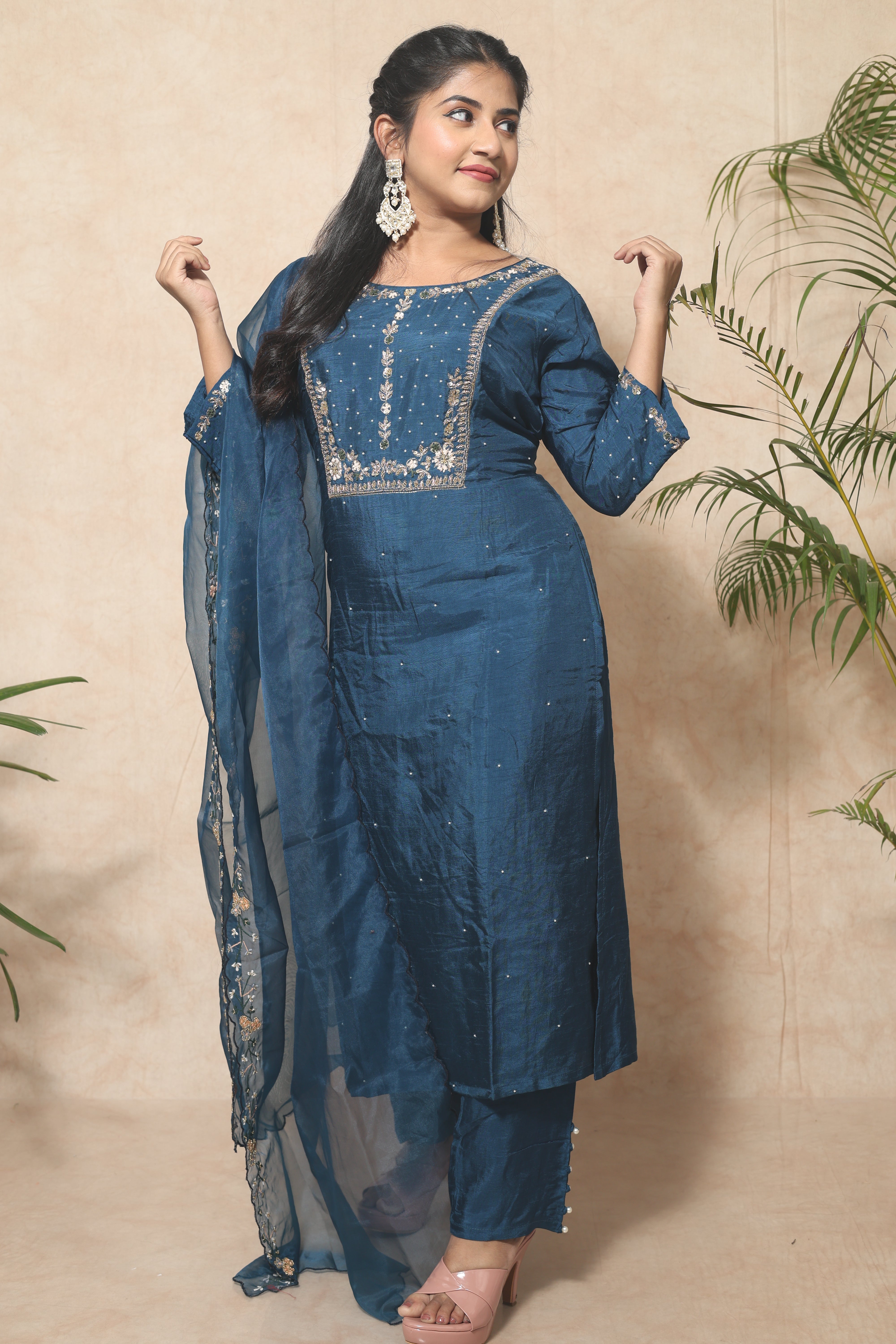 Blue Color Handwork Dola Silk Suit Set