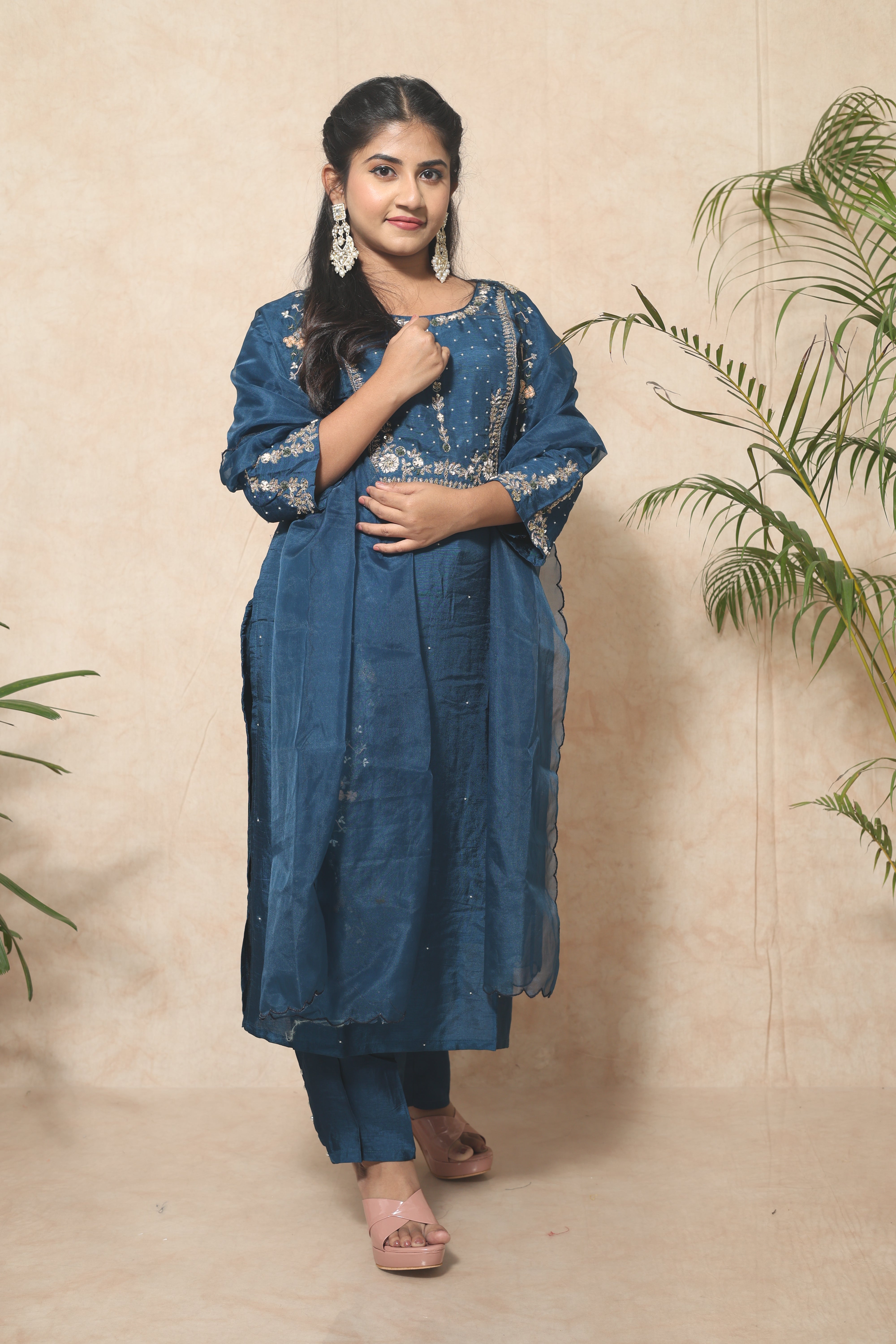 Blue Color Handwork Dola Silk Suit Set