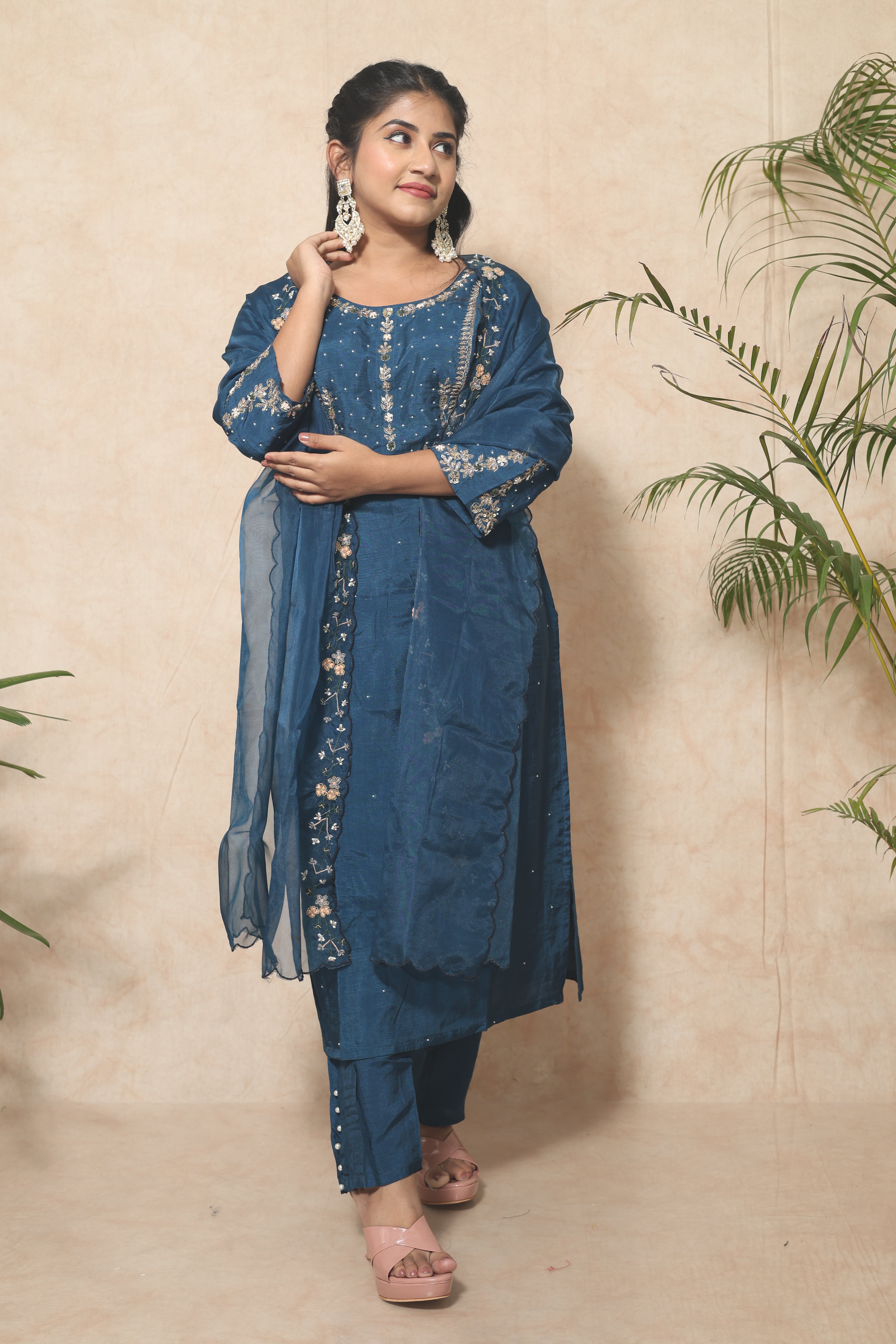 Blue Color Handwork Dola Silk Suit Set