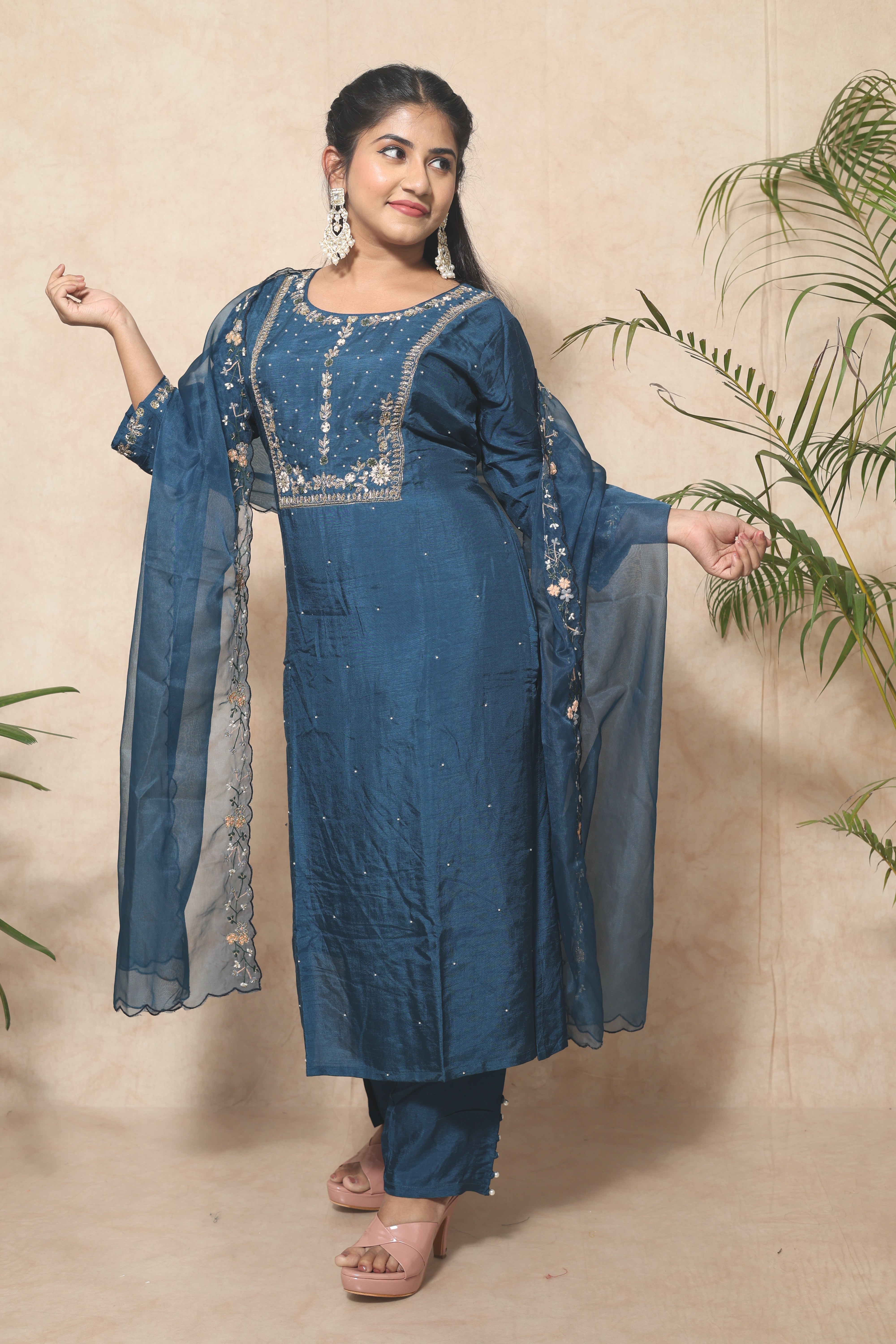 Blue Color Handwork Dola Silk Suit Set