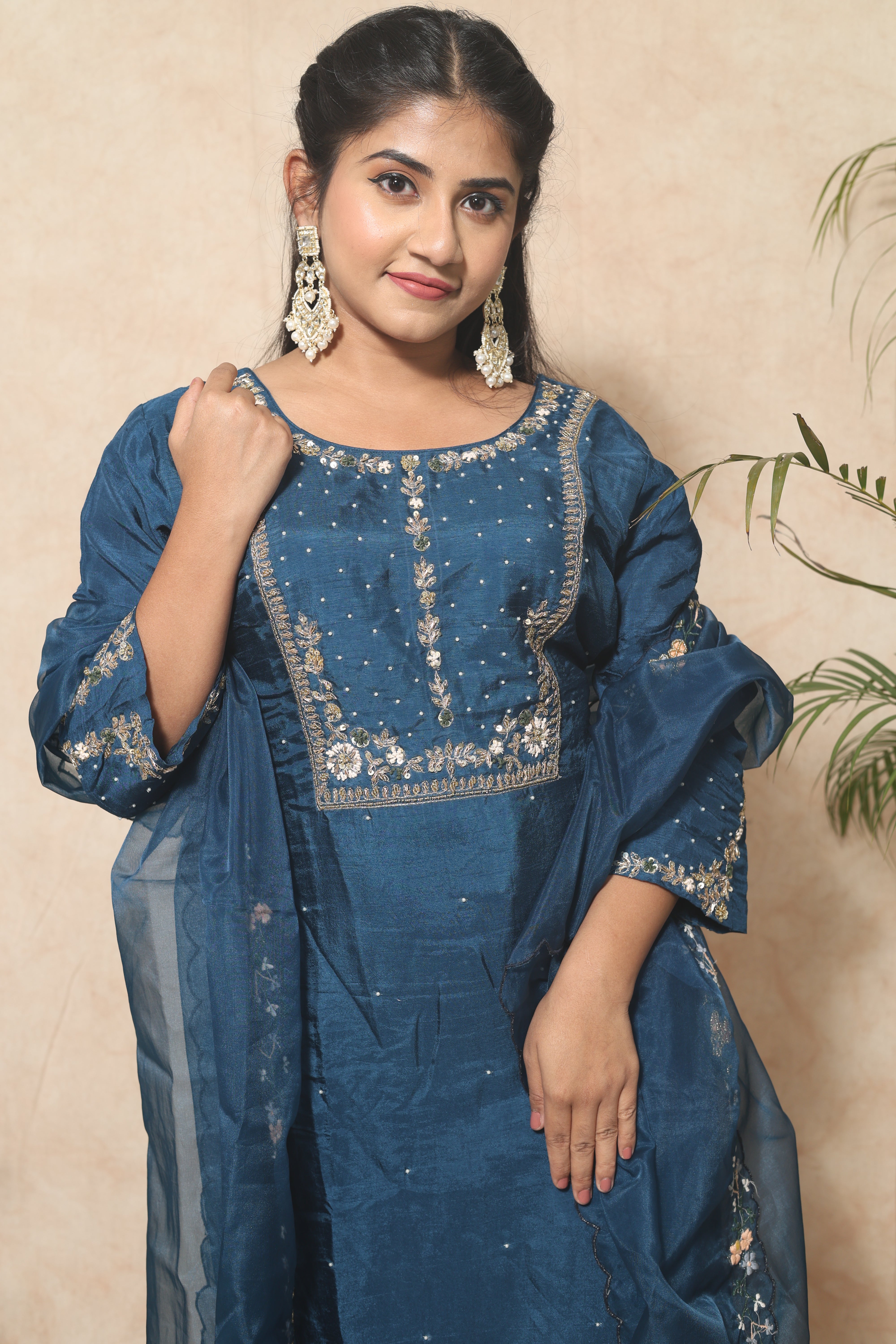 Blue Color Handwork Dola Silk Suit Set