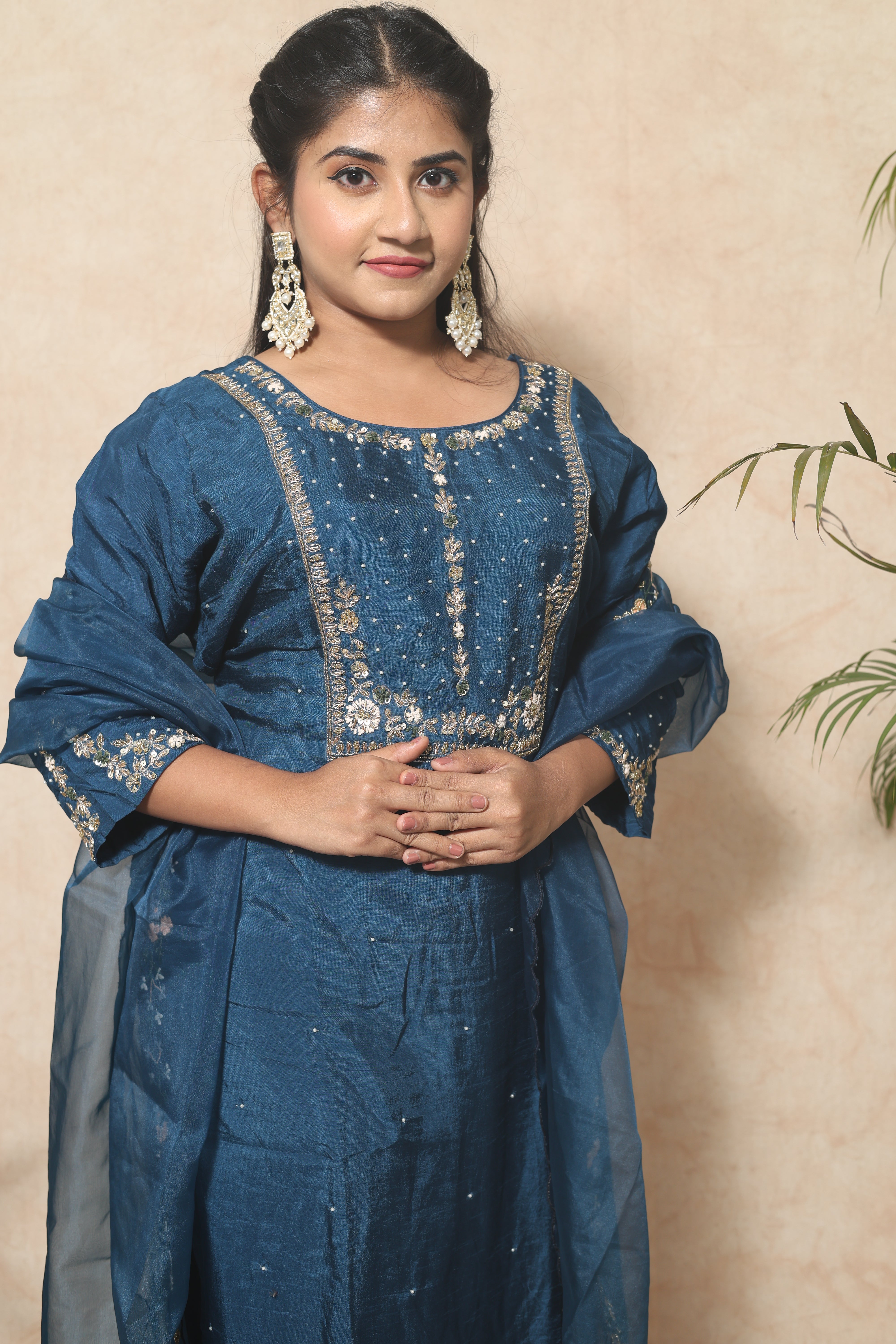Blue Color Handwork Dola Silk Suit Set