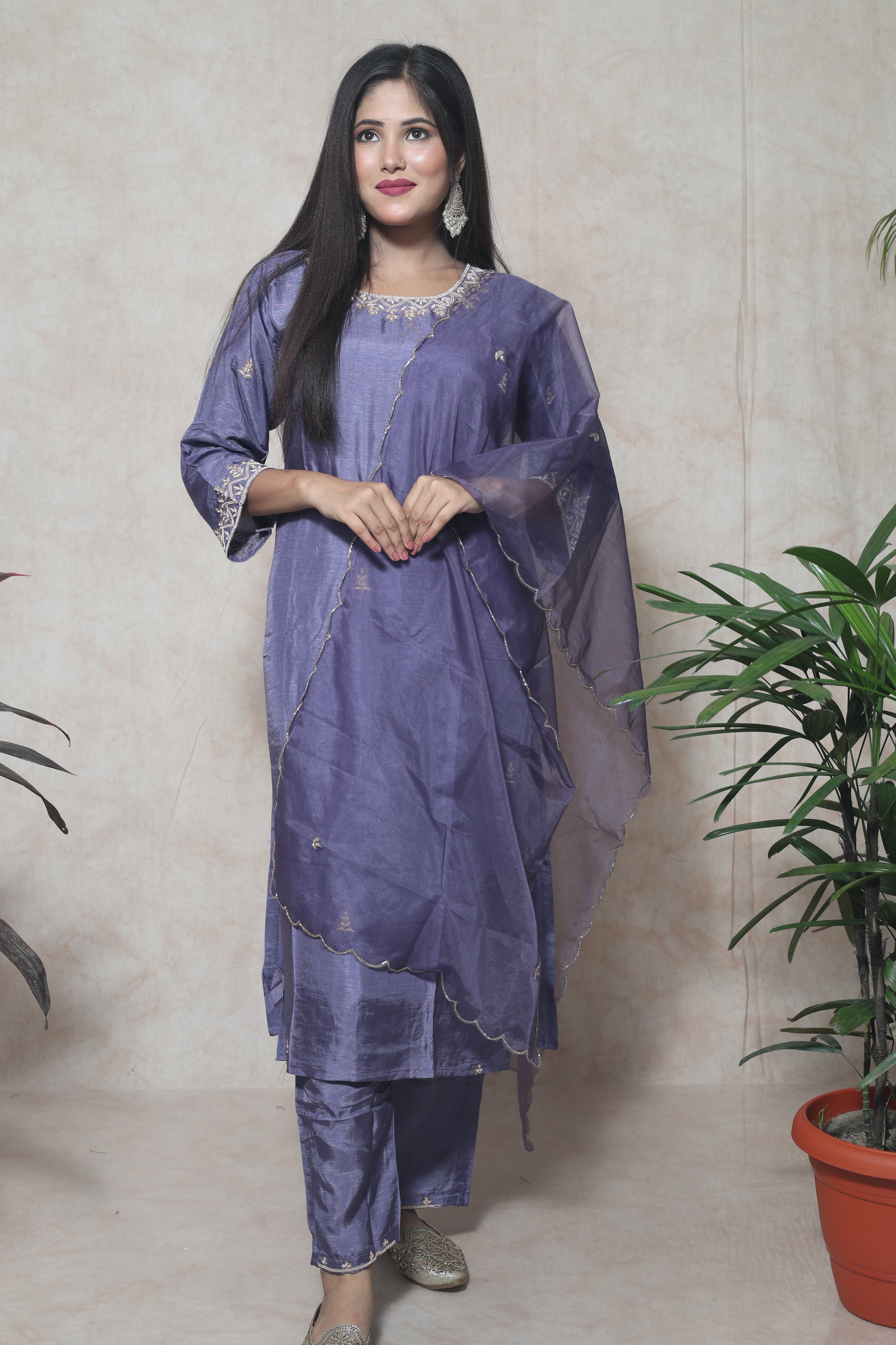 Lavender color dola silk suit set featuring beautiful handwork
