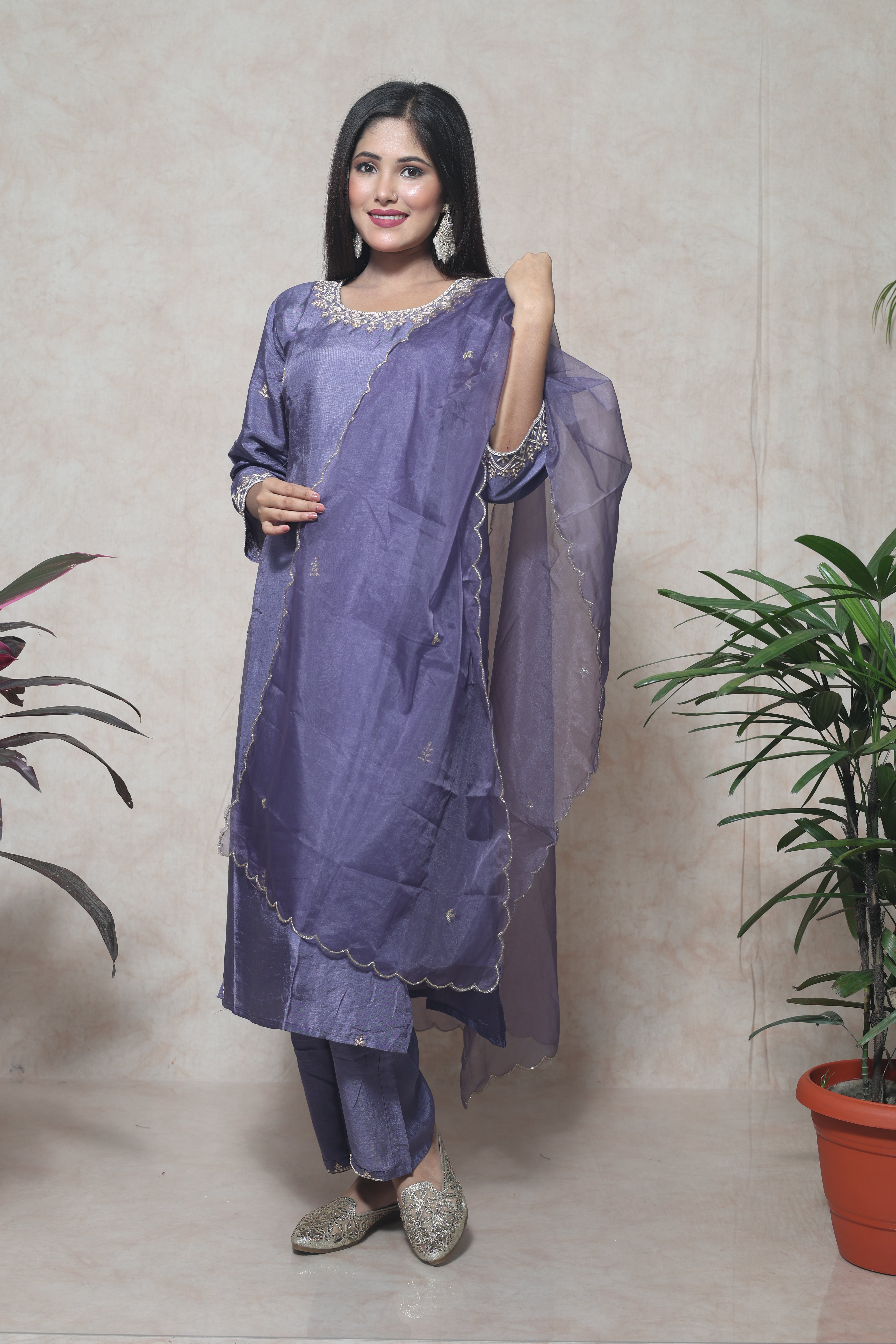 Lavender Color Dola Silk Handwork Suit Set