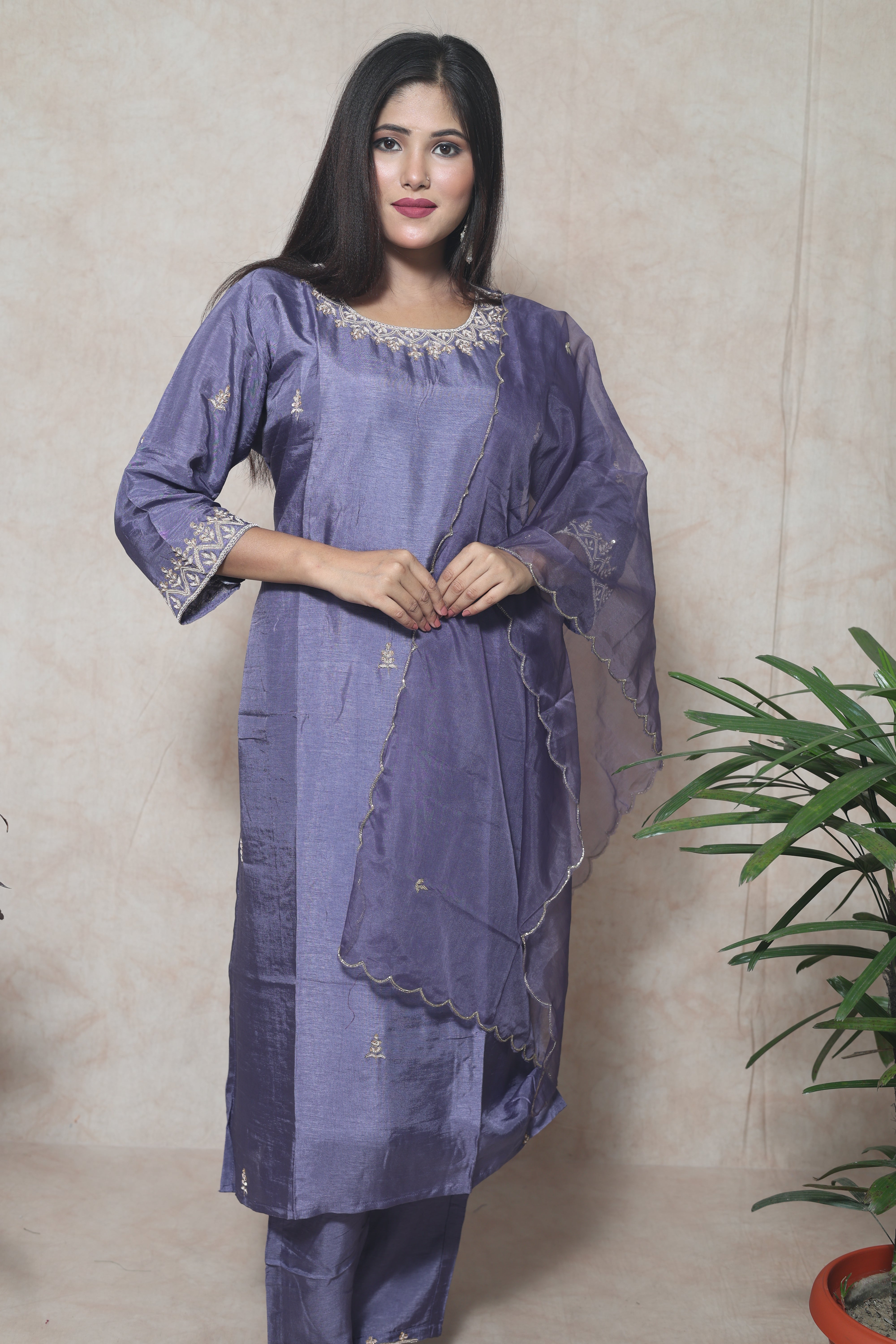 Lavender Color Dola Silk Handwork Suit Set