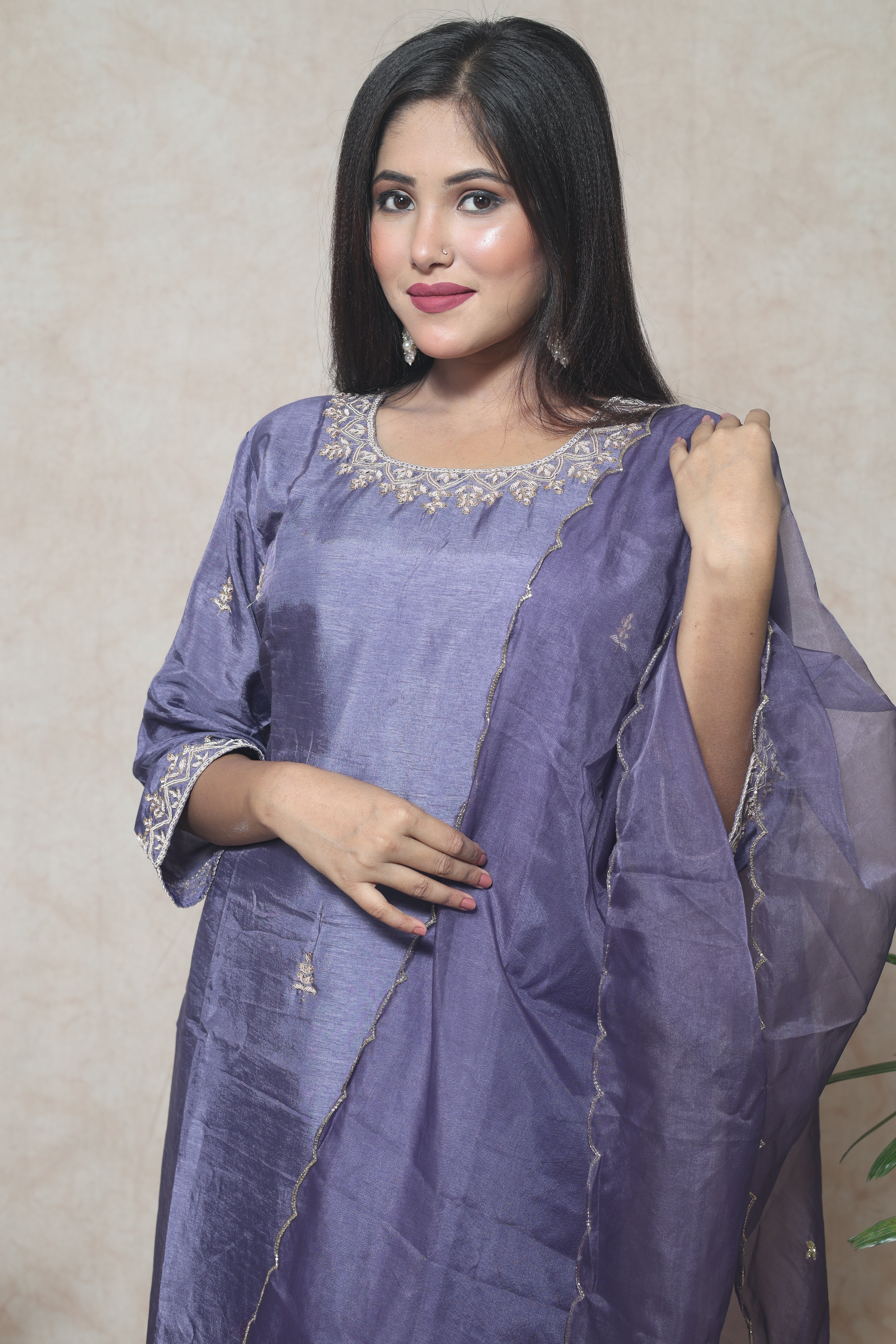 Lavender Color Dola Silk Handwork Suit Set